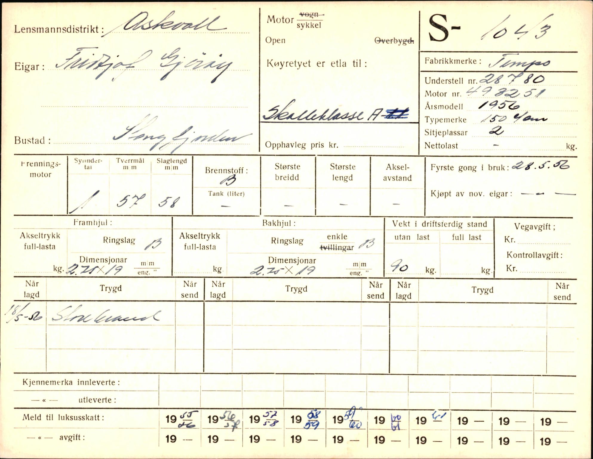 Statens vegvesen, Sogn og Fjordane vegkontor, AV/SAB-A-5301/4/F/L0003: Registerkort utmeldte Fjordane S1000-2499, 1930-1961, p. 76