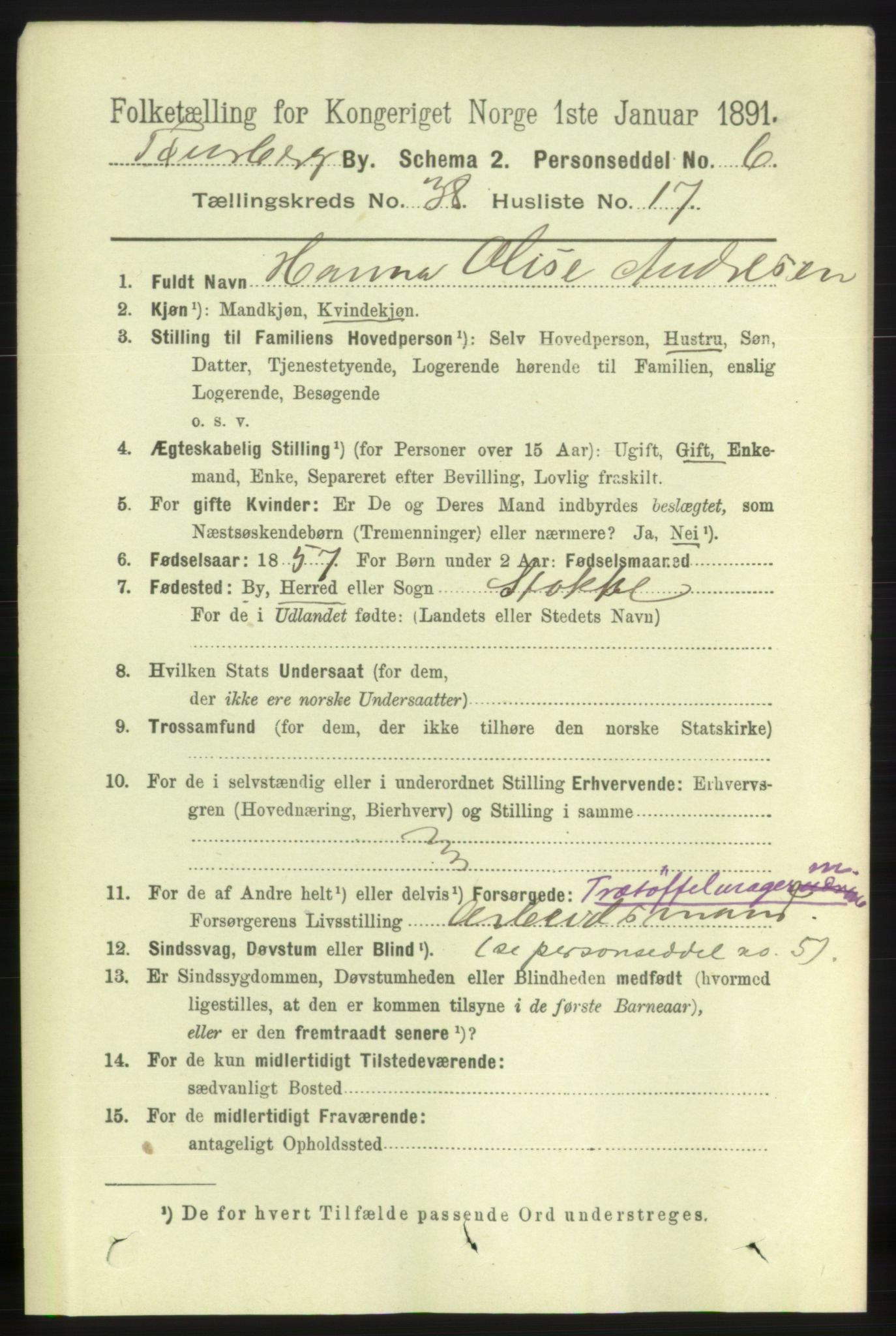 RA, 1891 census for 0705 Tønsberg, 1891, p. 8263