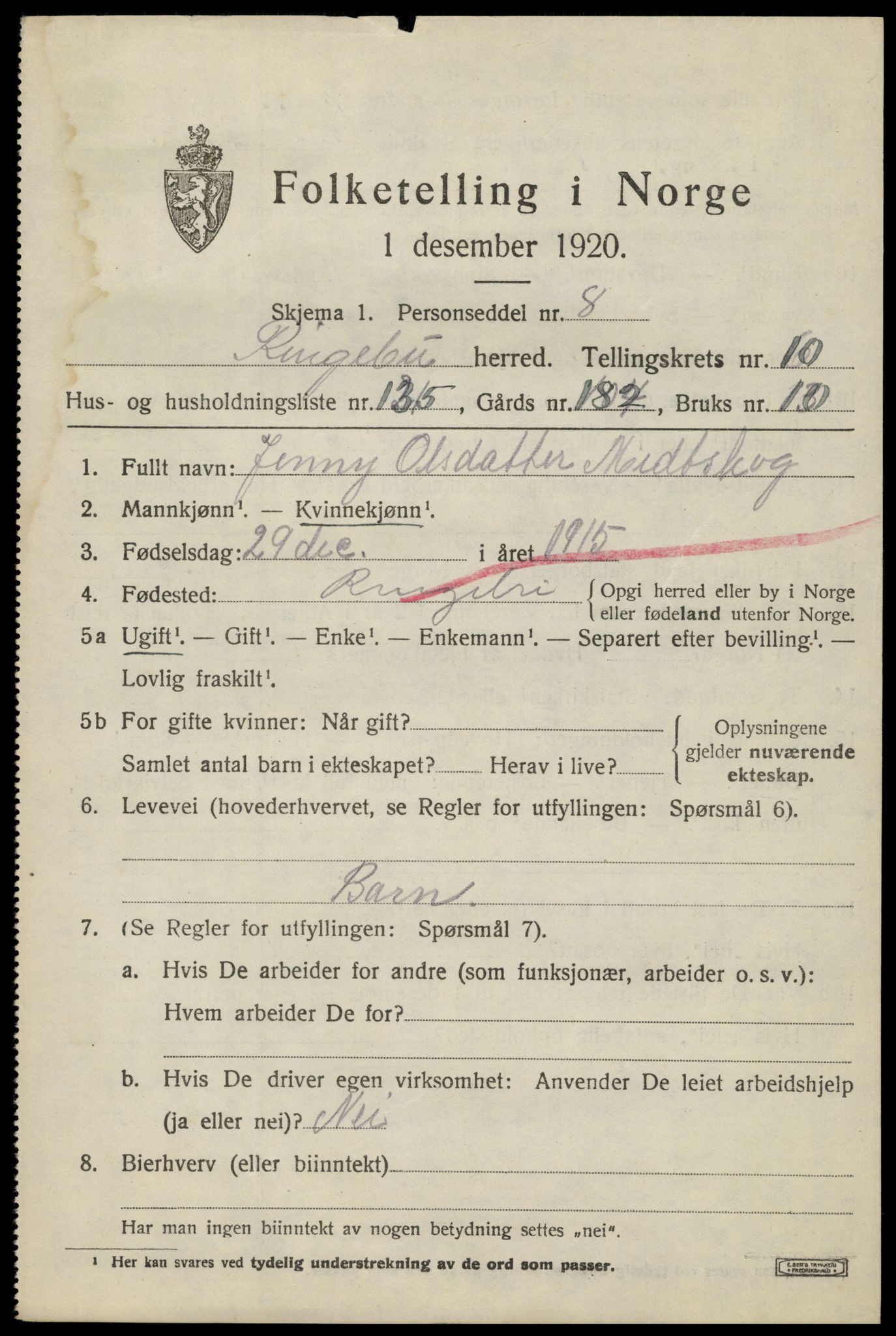 SAH, 1920 census for Ringebu, 1920, p. 10879