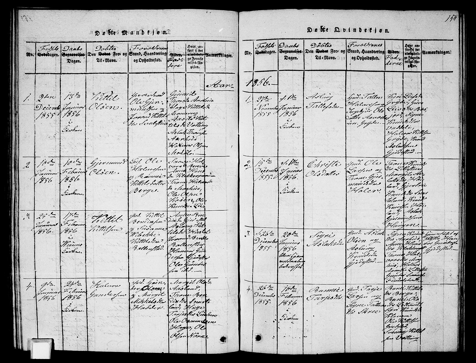 Fyresdal kirkebøker, SAKO/A-263/G/Ga/L0002: Parish register (copy) no. I 2, 1815-1857, p. 154