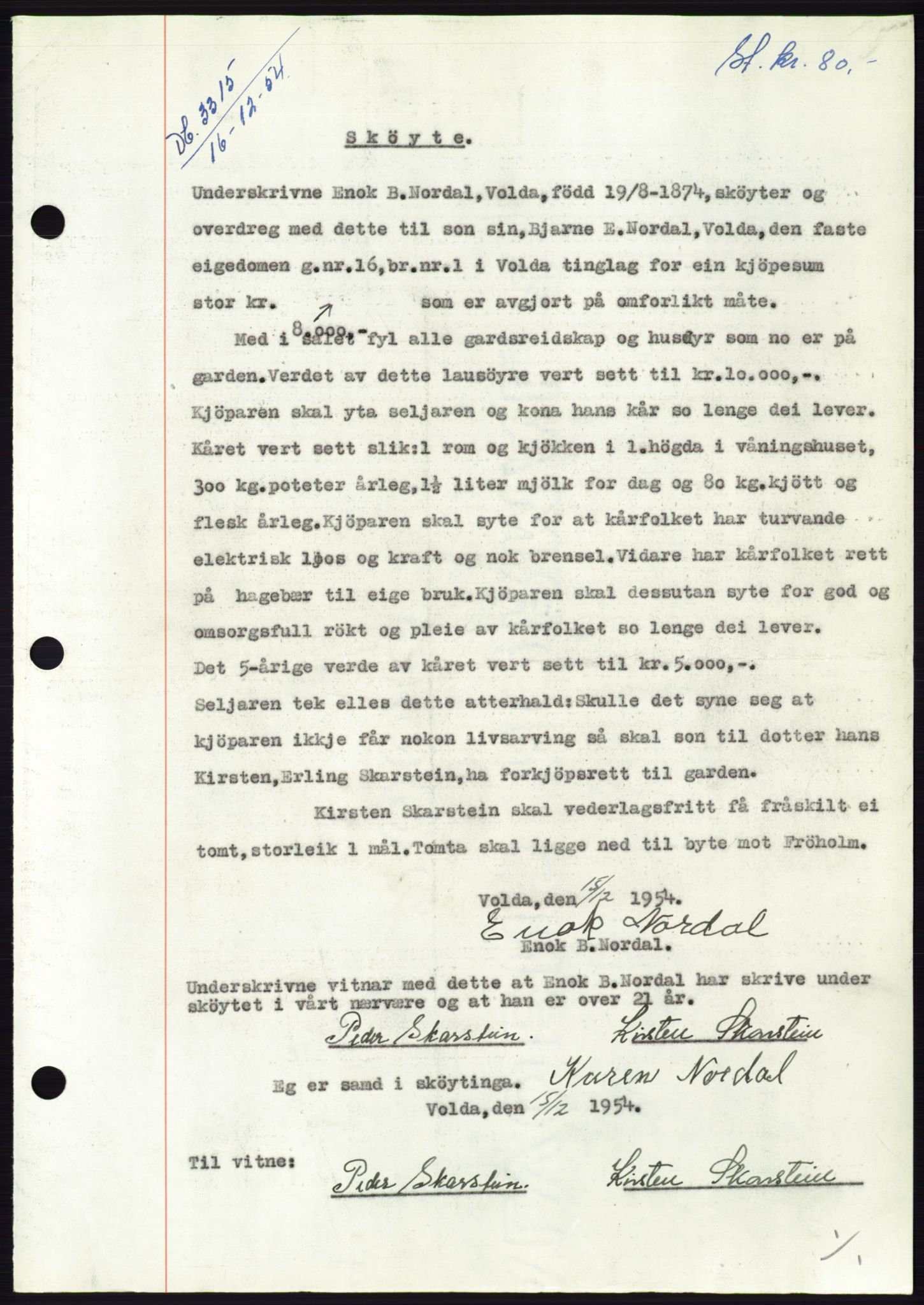 Søre Sunnmøre sorenskriveri, AV/SAT-A-4122/1/2/2C/L0099: Mortgage book no. 25A, 1954-1954, Diary no: : 3315/1954