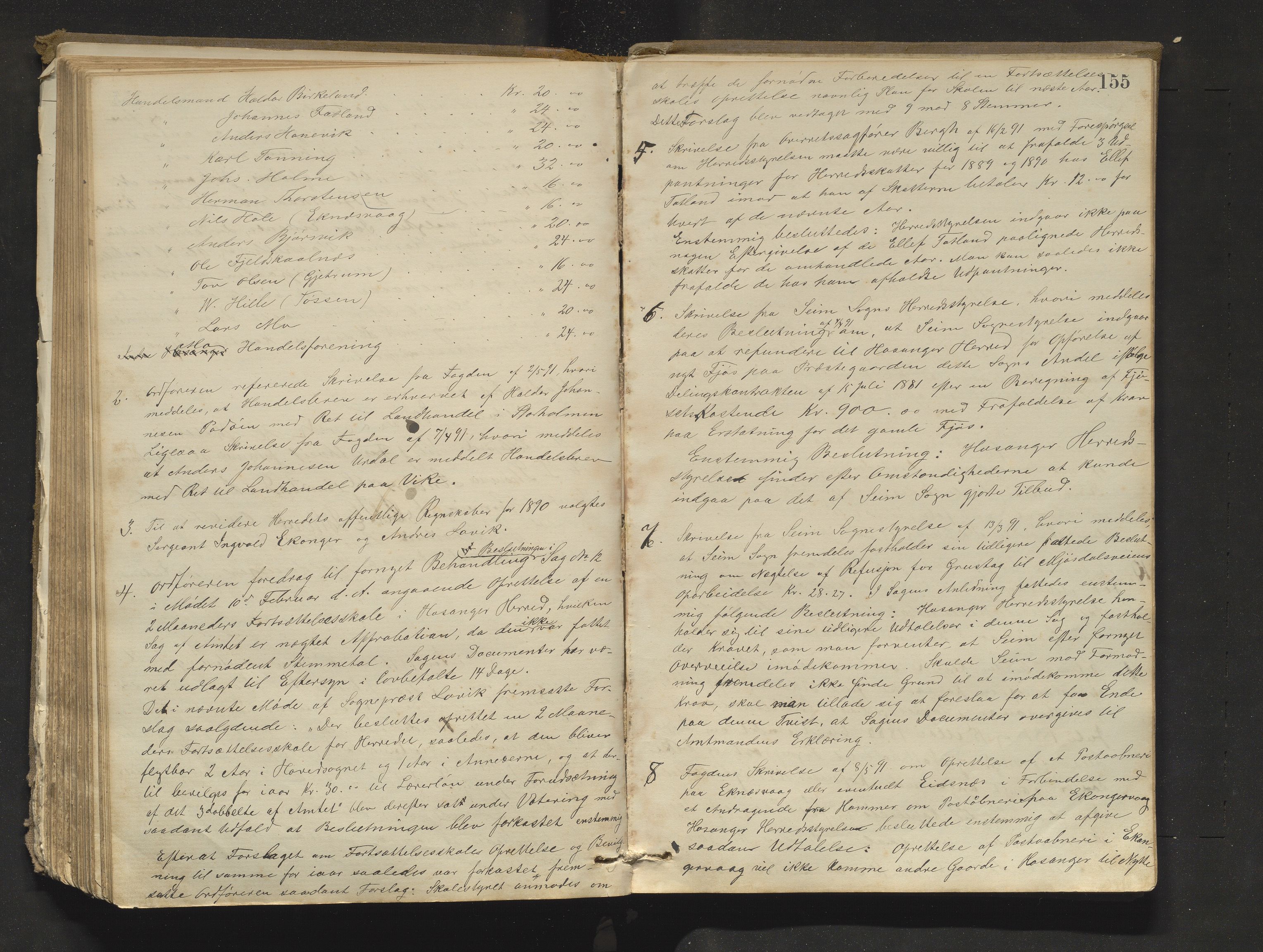 Hosanger kommune. Formannskapet, IKAH/1253a-021/A/Aa/L0003: Møtebok for Hosanger formannskap, heradsstyre og Hosanger soknestyre, 1881-1893, p. 155