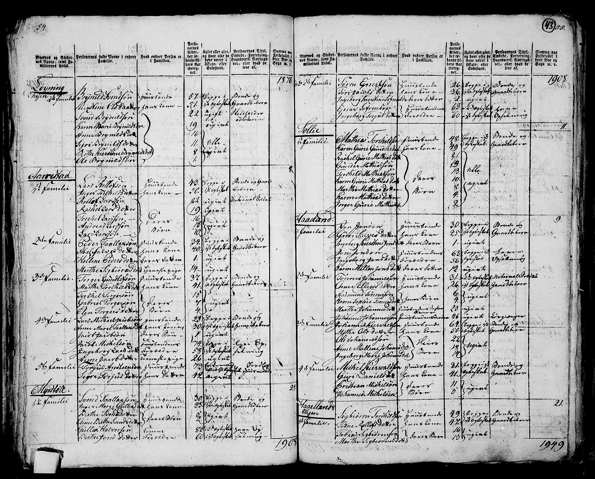 RA, 1801 census for 1111P Sokndal, 1801, p. 42b-43a