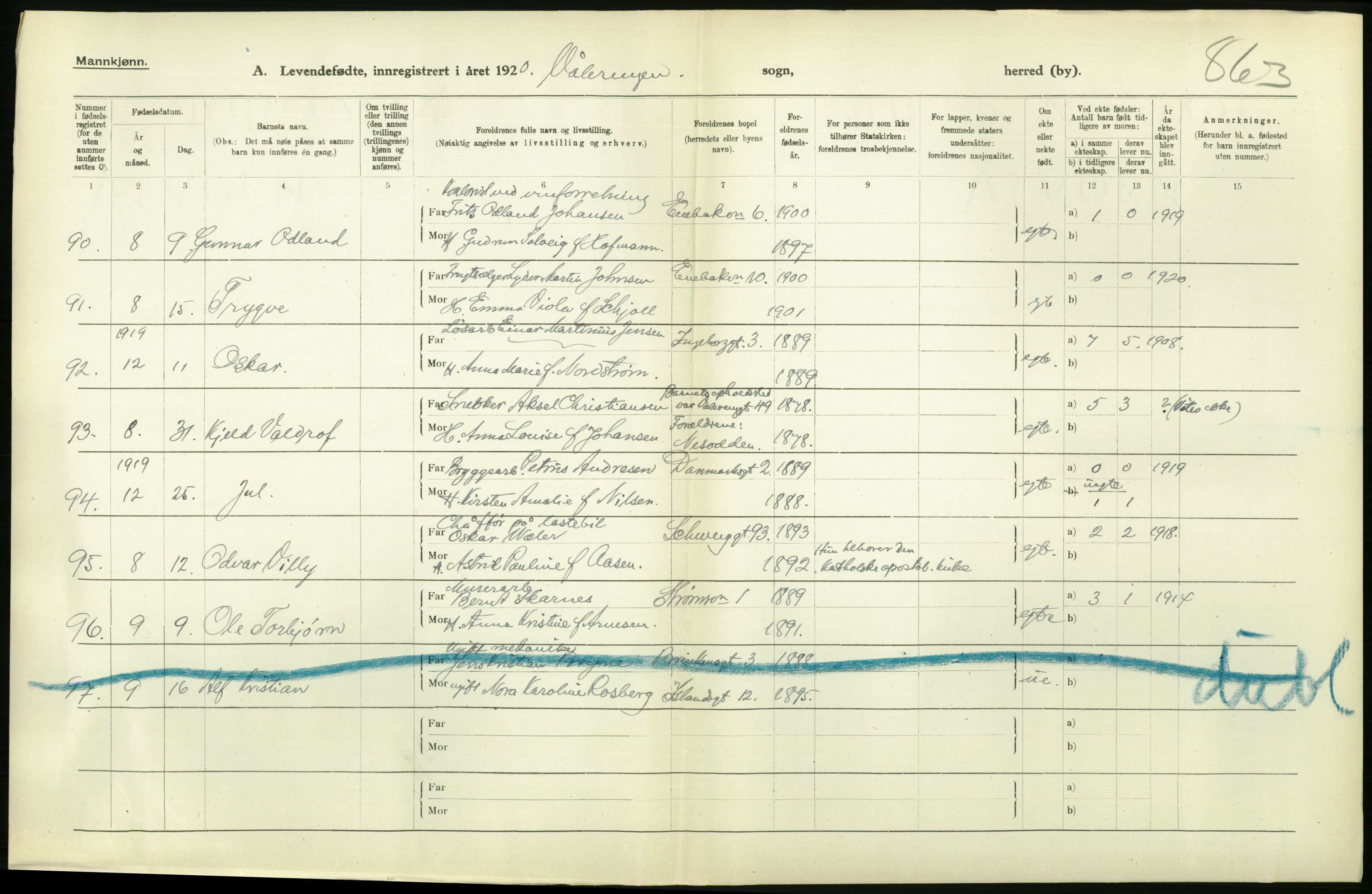 Statistisk sentralbyrå, Sosiodemografiske emner, Befolkning, AV/RA-S-2228/D/Df/Dfb/Dfbj/L0008: Kristiania: Levendefødte menn og kvinner., 1920, p. 102