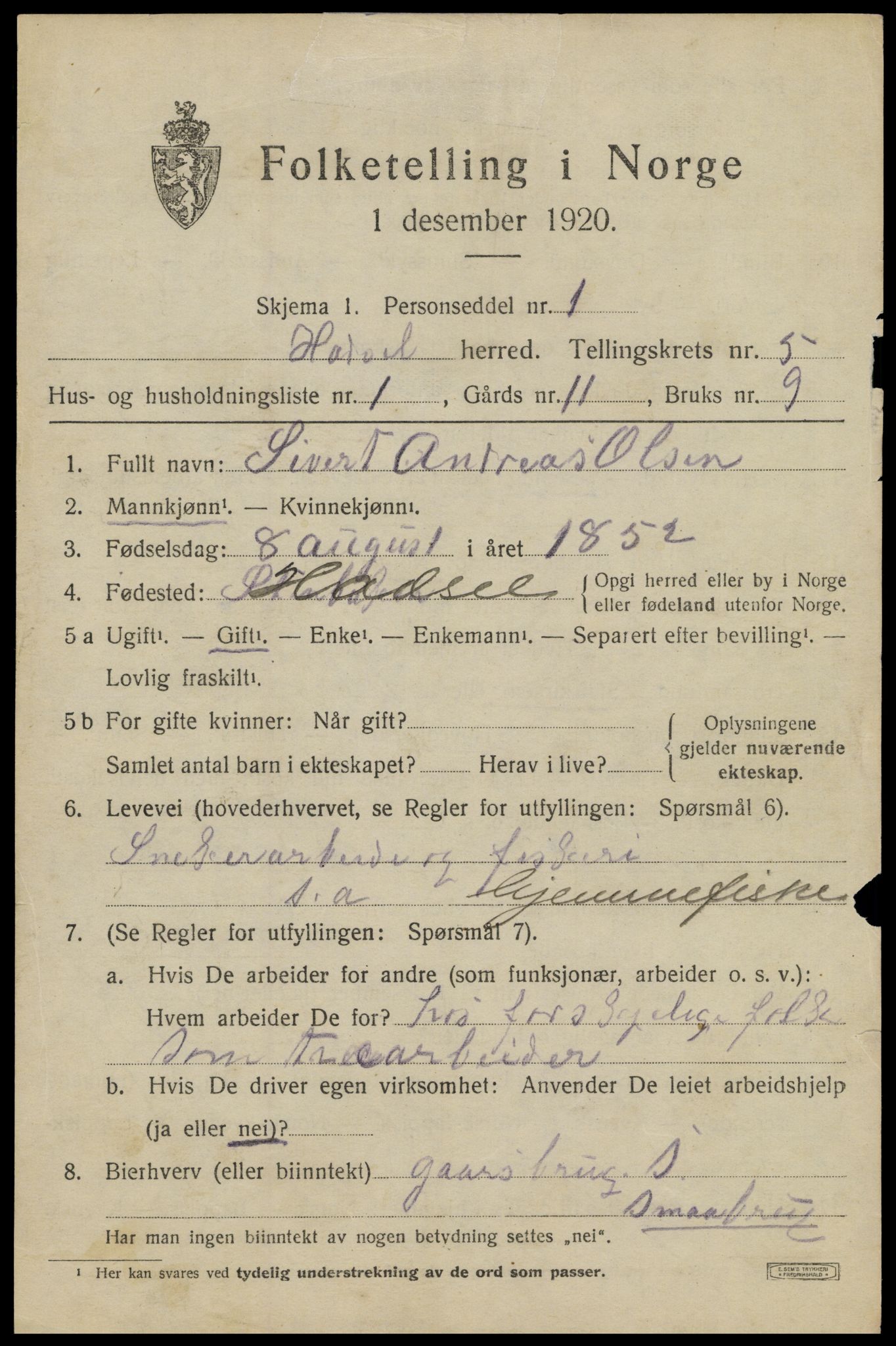 SAT, 1920 census for Hadsel, 1920, p. 5944