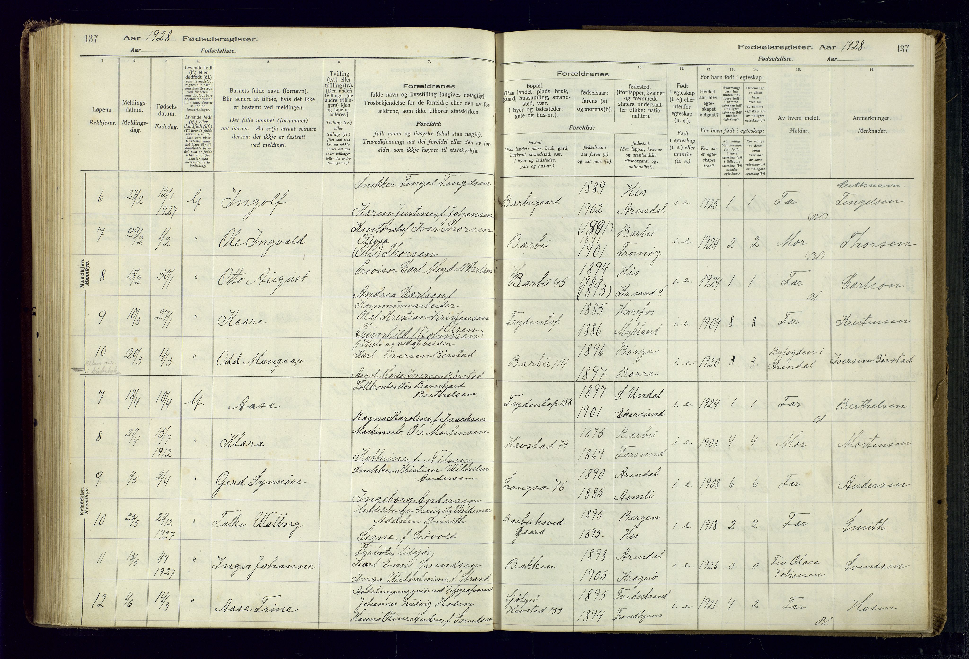 Barbu sokneprestkontor, SAK/1111-0003/J/Ja/L0001: Birth register no. A-VIII-1, 1916-1937, p. 137