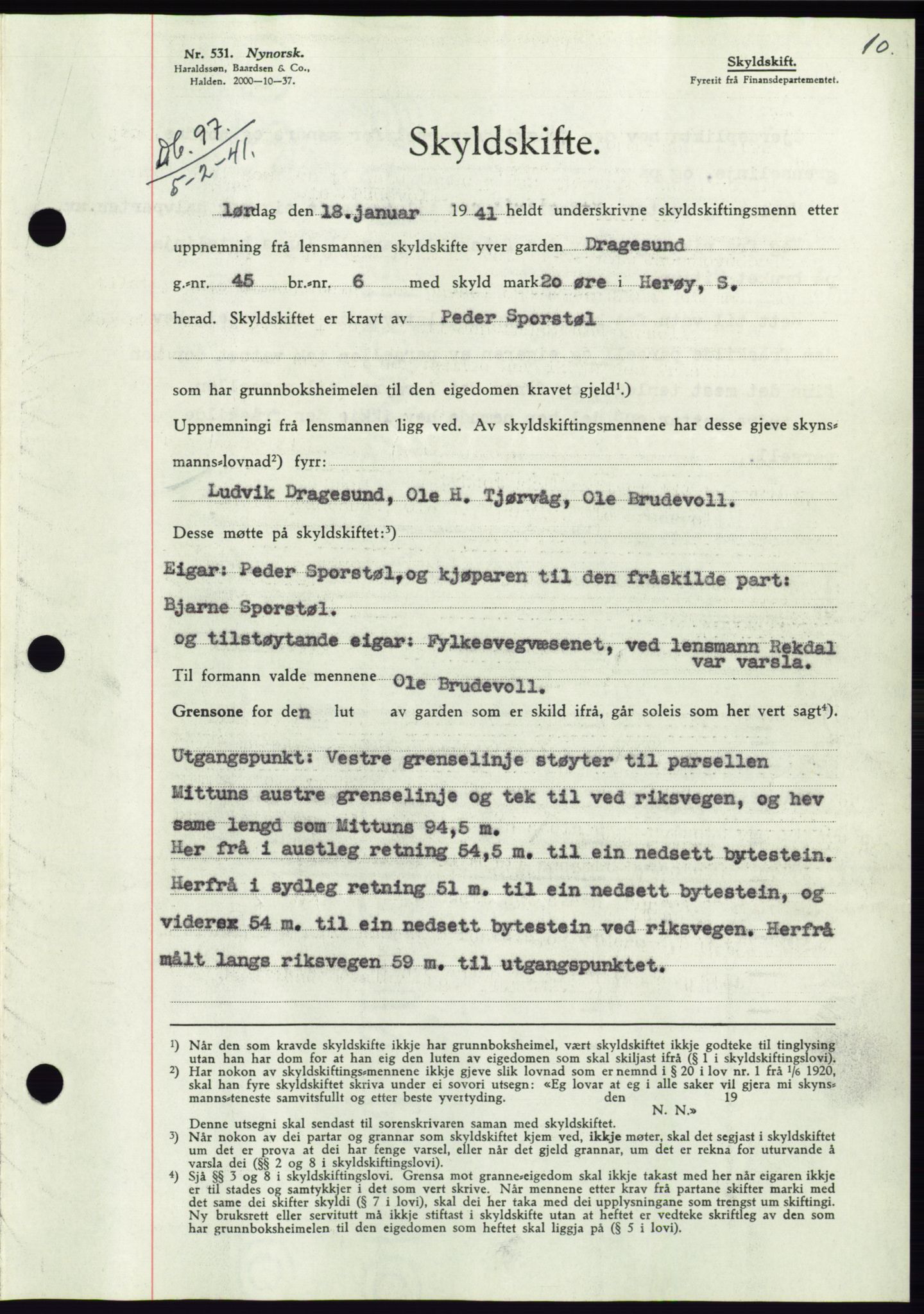 Søre Sunnmøre sorenskriveri, AV/SAT-A-4122/1/2/2C/L0071: Mortgage book no. 65, 1941-1941, Diary no: : 97/1941