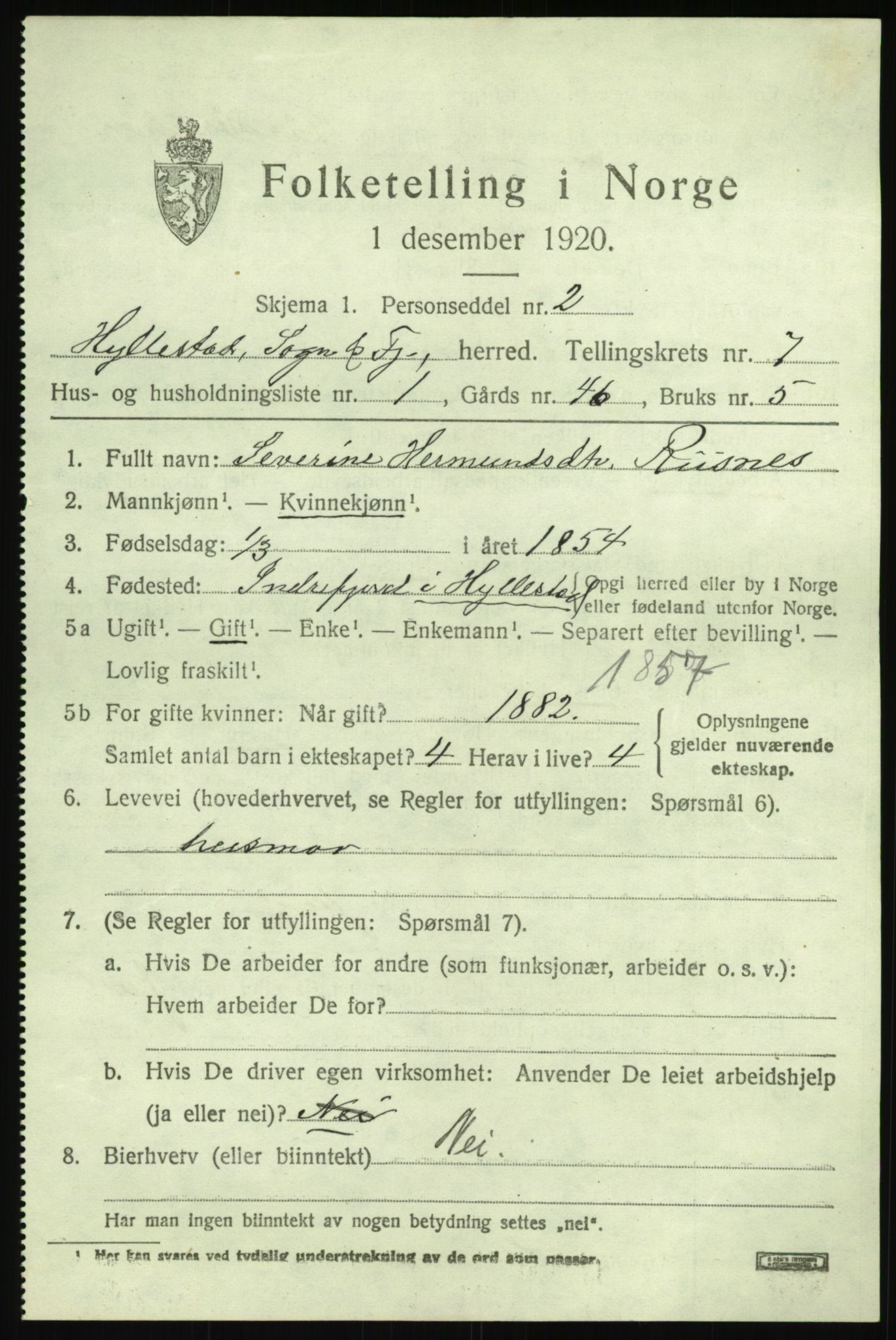 SAB, 1920 census for Hyllestad, 1920, p. 2810