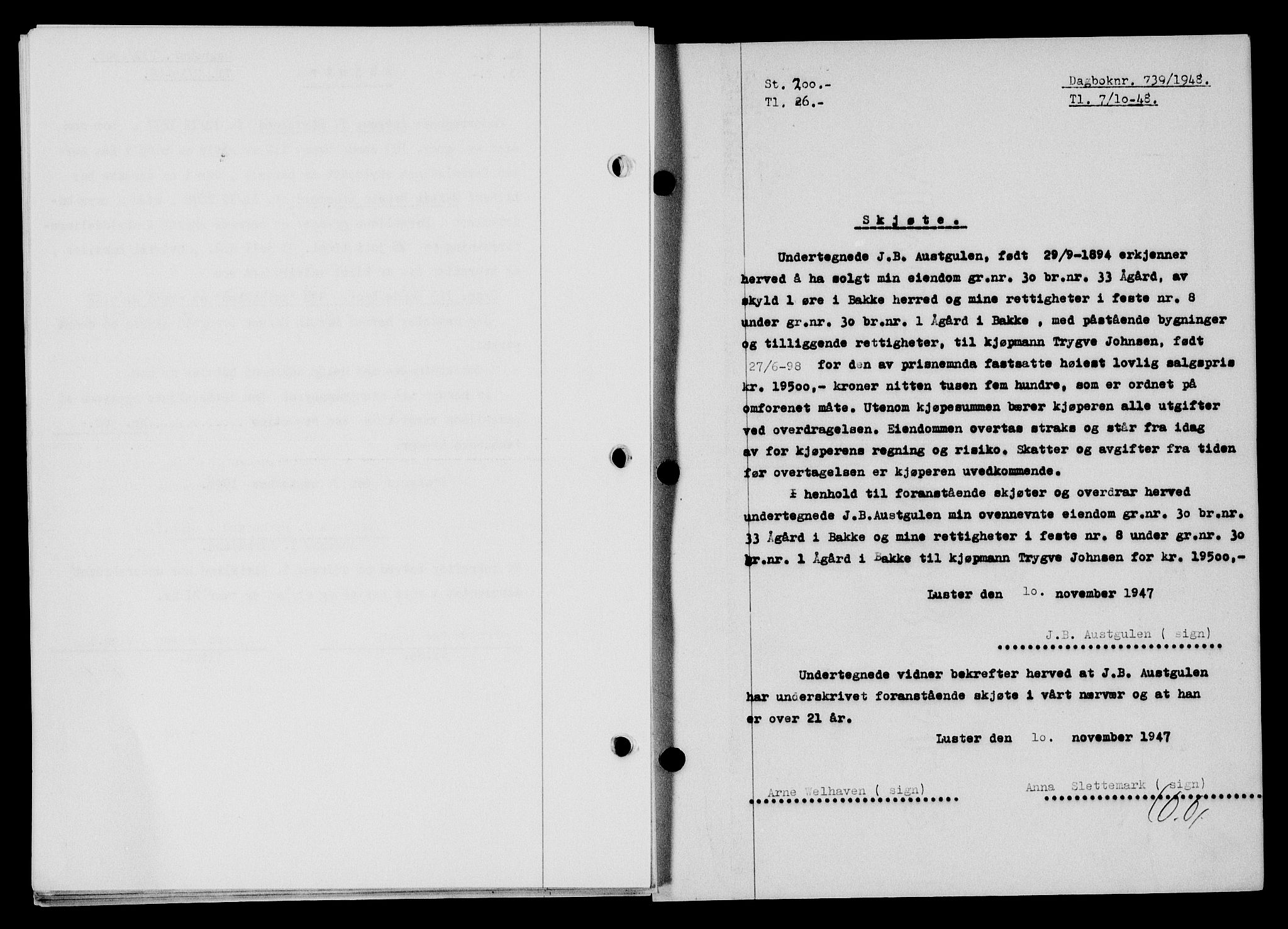 Flekkefjord sorenskriveri, SAK/1221-0001/G/Gb/Gba/L0064: Mortgage book no. A-12, 1948-1949, Diary no: : 739/1948