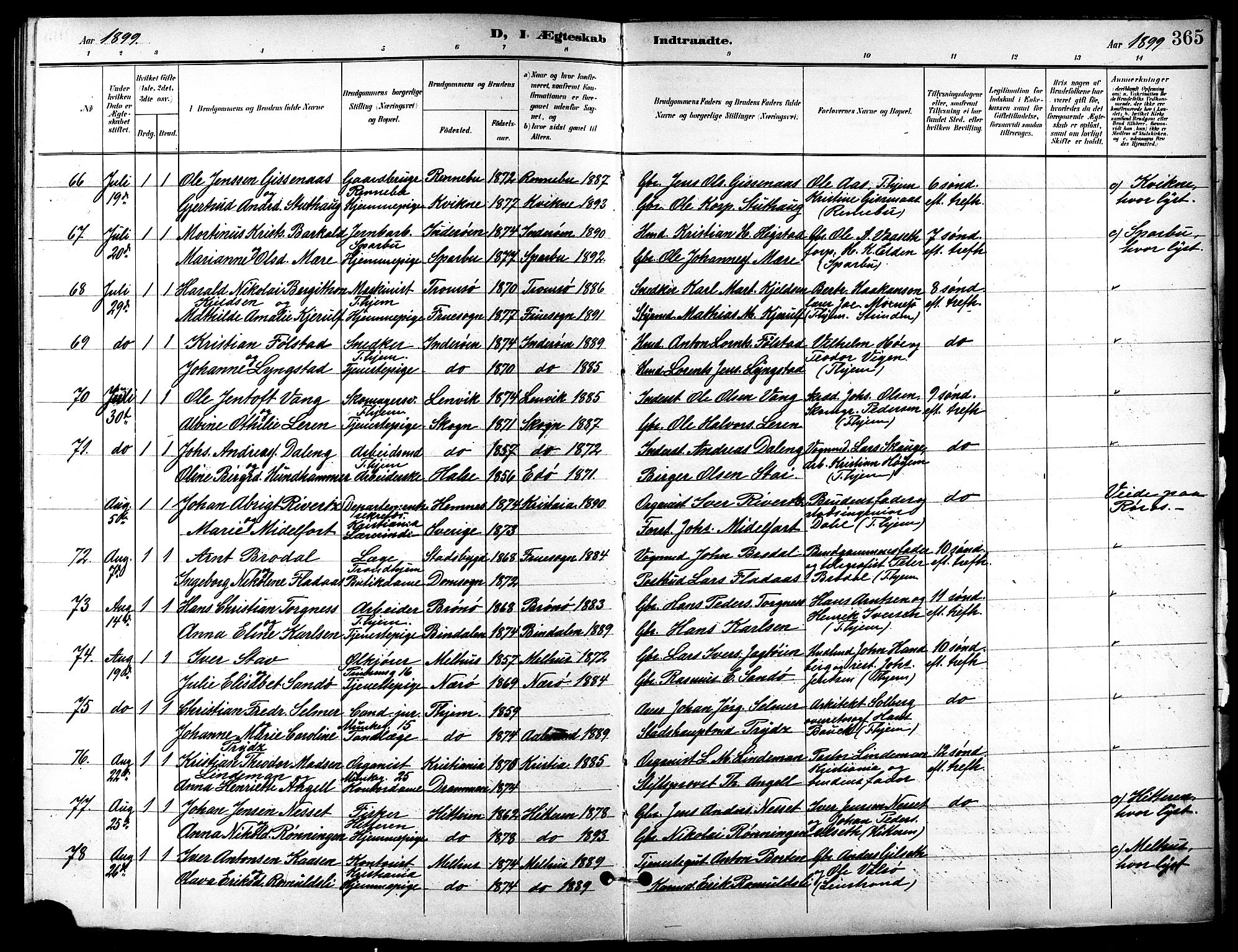 Ministerialprotokoller, klokkerbøker og fødselsregistre - Sør-Trøndelag, AV/SAT-A-1456/601/L0094: Parish register (copy) no. 601C12, 1898-1911, p. 365