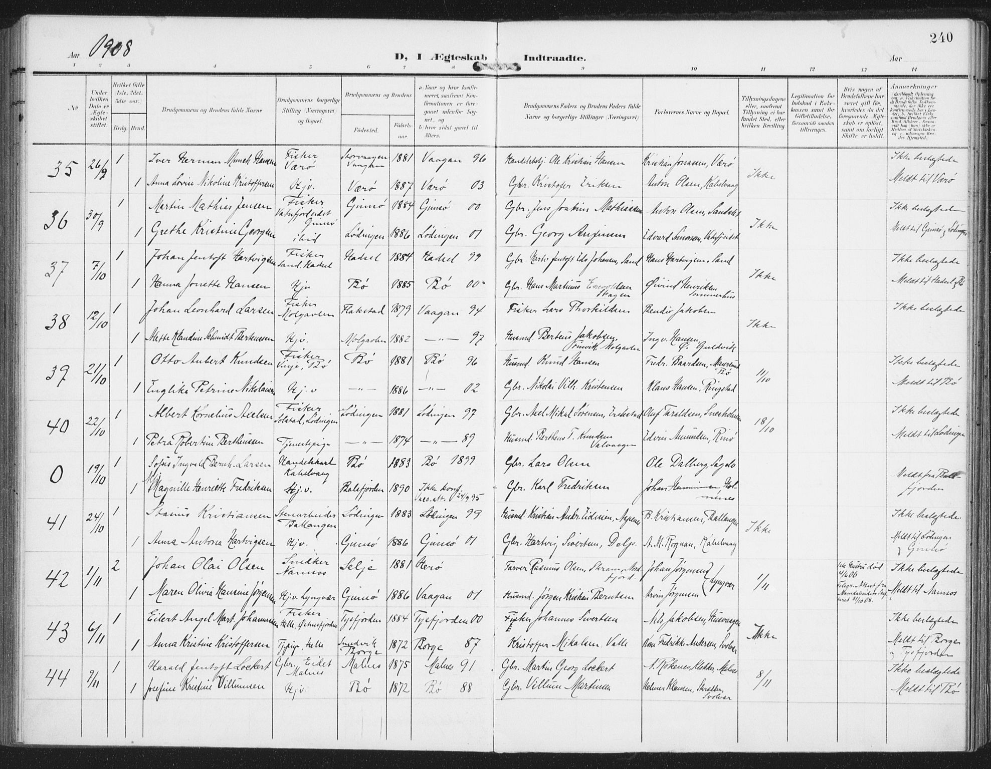 Ministerialprotokoller, klokkerbøker og fødselsregistre - Nordland, AV/SAT-A-1459/874/L1063: Parish register (official) no. 874A07, 1907-1915, p. 240