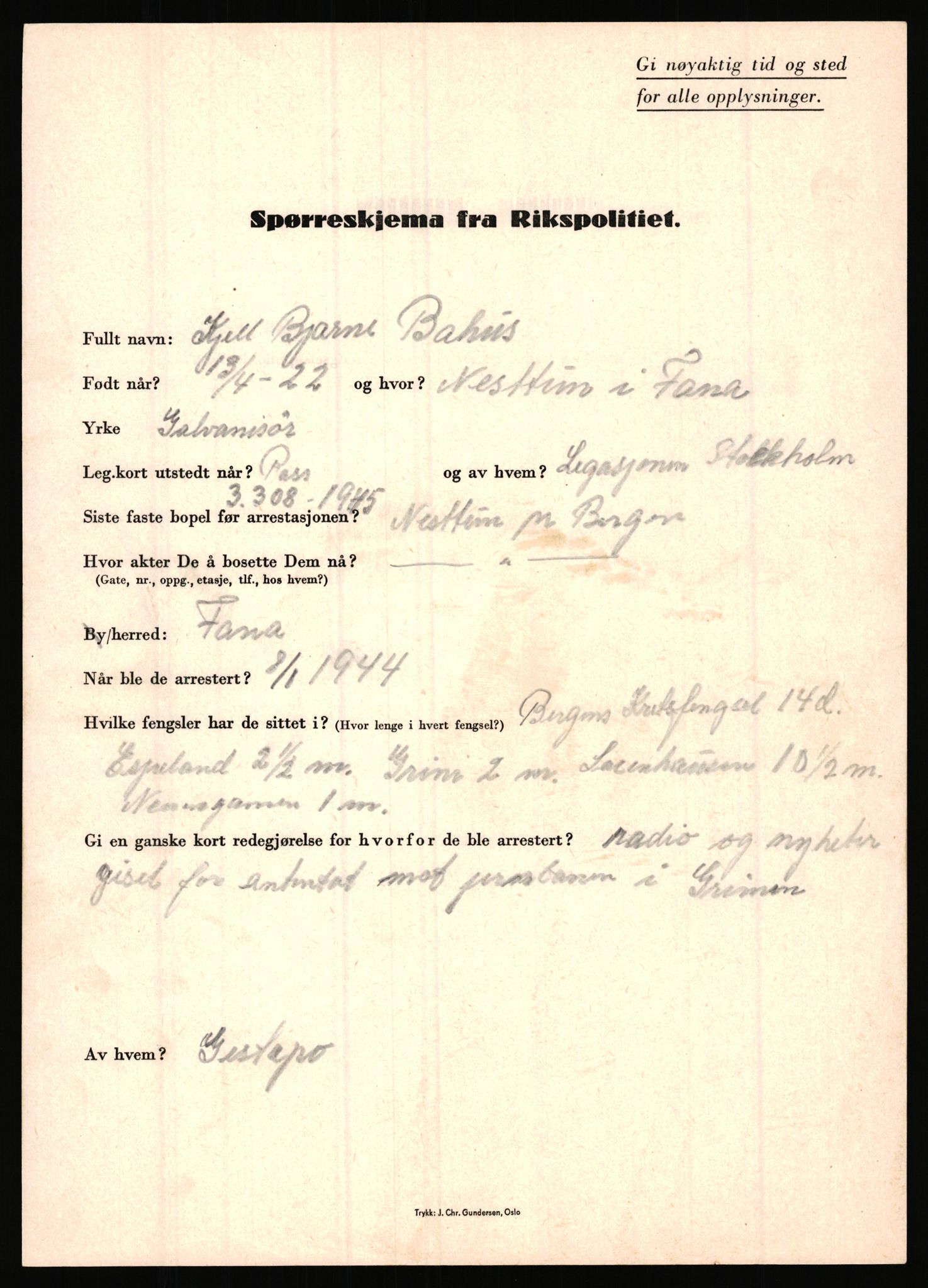 Rikspolitisjefen, AV/RA-S-1560/L/L0001: Abelseth, Rudolf - Berentsen, Odd, 1940-1945, p. 1065