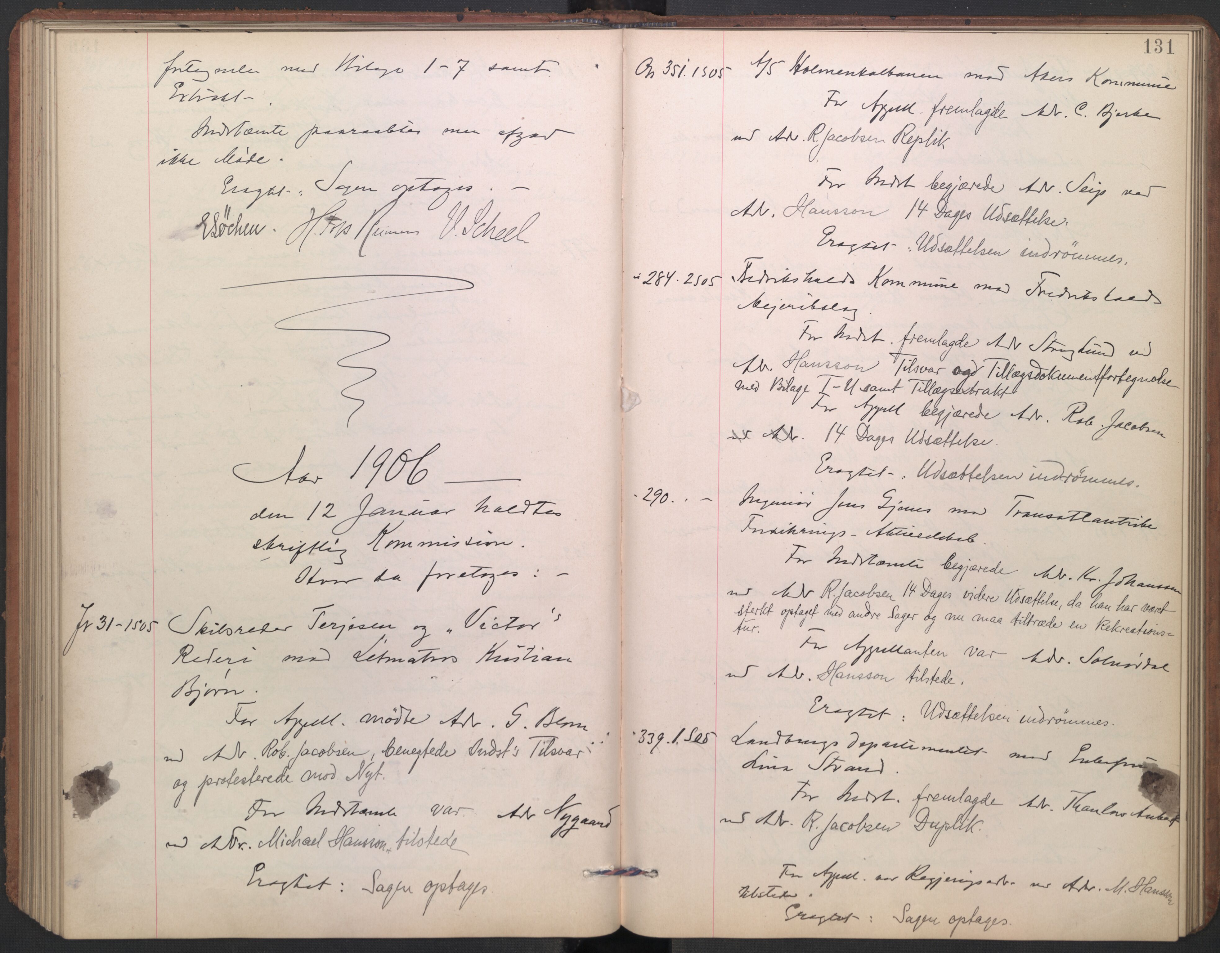 Høyesterett, AV/RA-S-1002/E/Ef/L0021: Protokoll over saker som gikk til skriftlig behandling, 1904-1907, p. 130b-131a