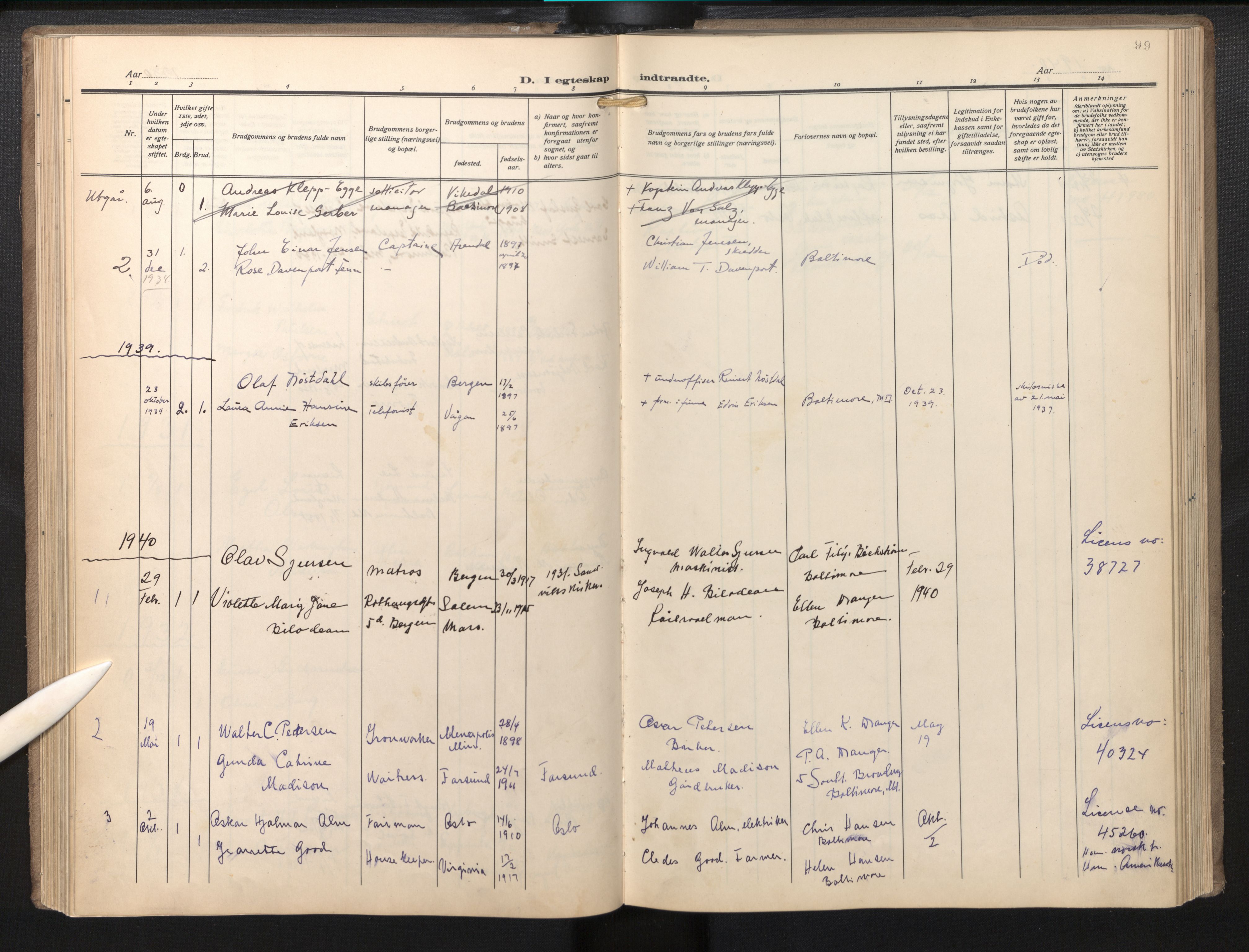 Den norske sjømannsmisjon i utlandet / Baltimore, AV/SAB-SAB/PA-0169/H/Ha/L0001: Parish register (official) no. A 1, 1927-1975, p. 98b-99a