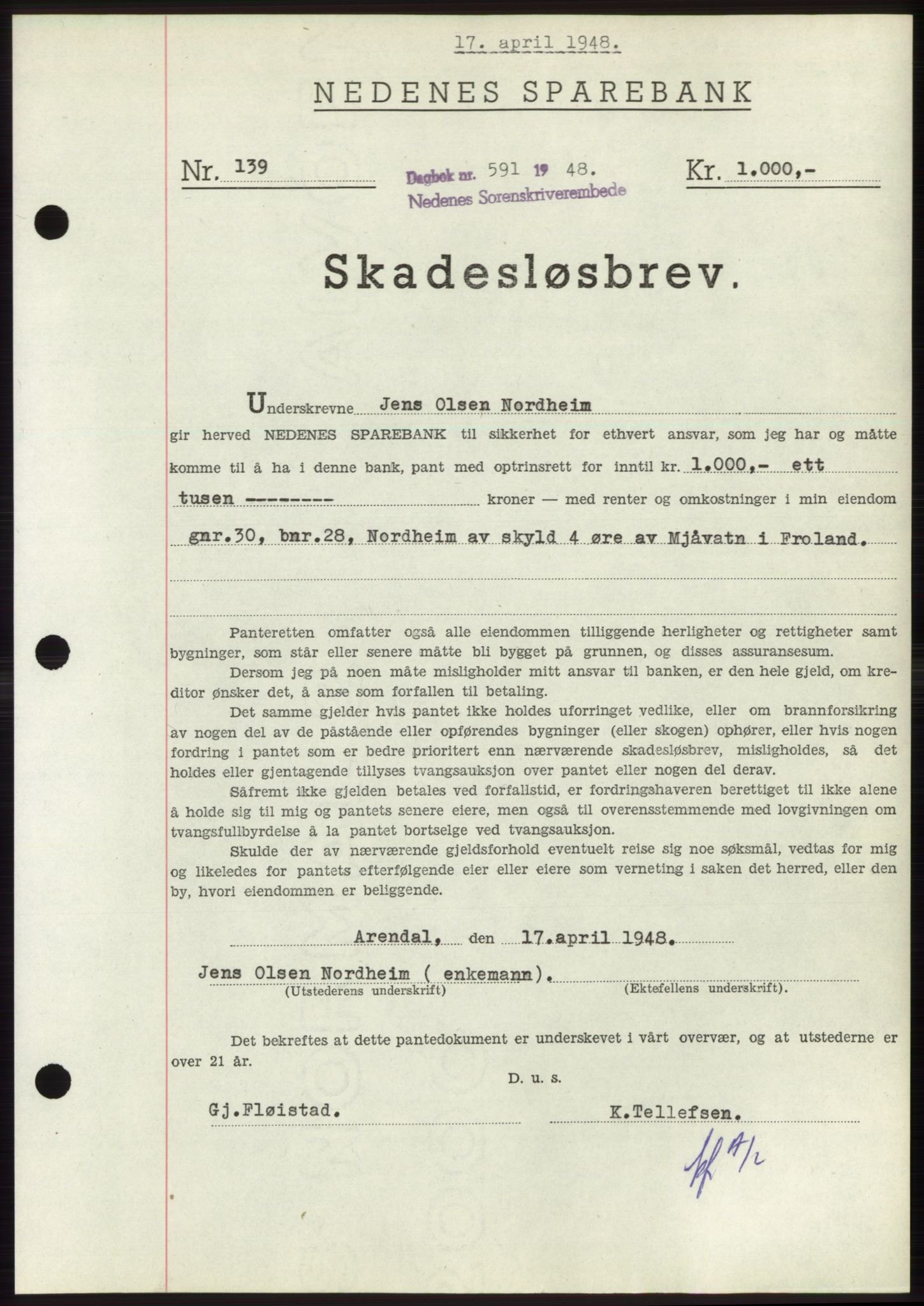 Nedenes sorenskriveri, AV/SAK-1221-0006/G/Gb/Gbb/L0005: Mortgage book no. B5, 1948-1948, Diary no: : 591/1948