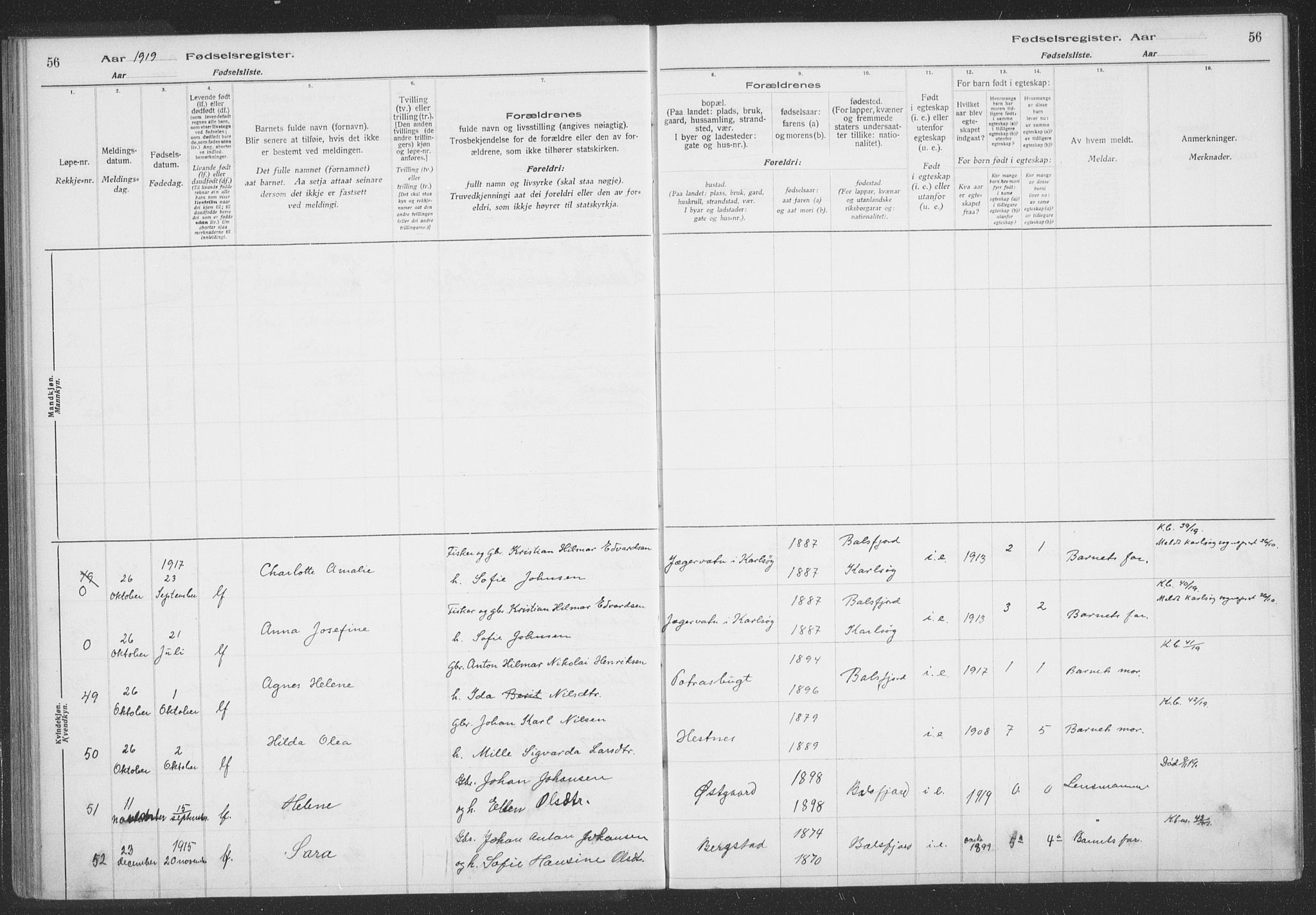 Balsfjord sokneprestembete, SATØ/S-1303/H/Hb/L0059: Birth register no. 59, 1916-1930, p. 56