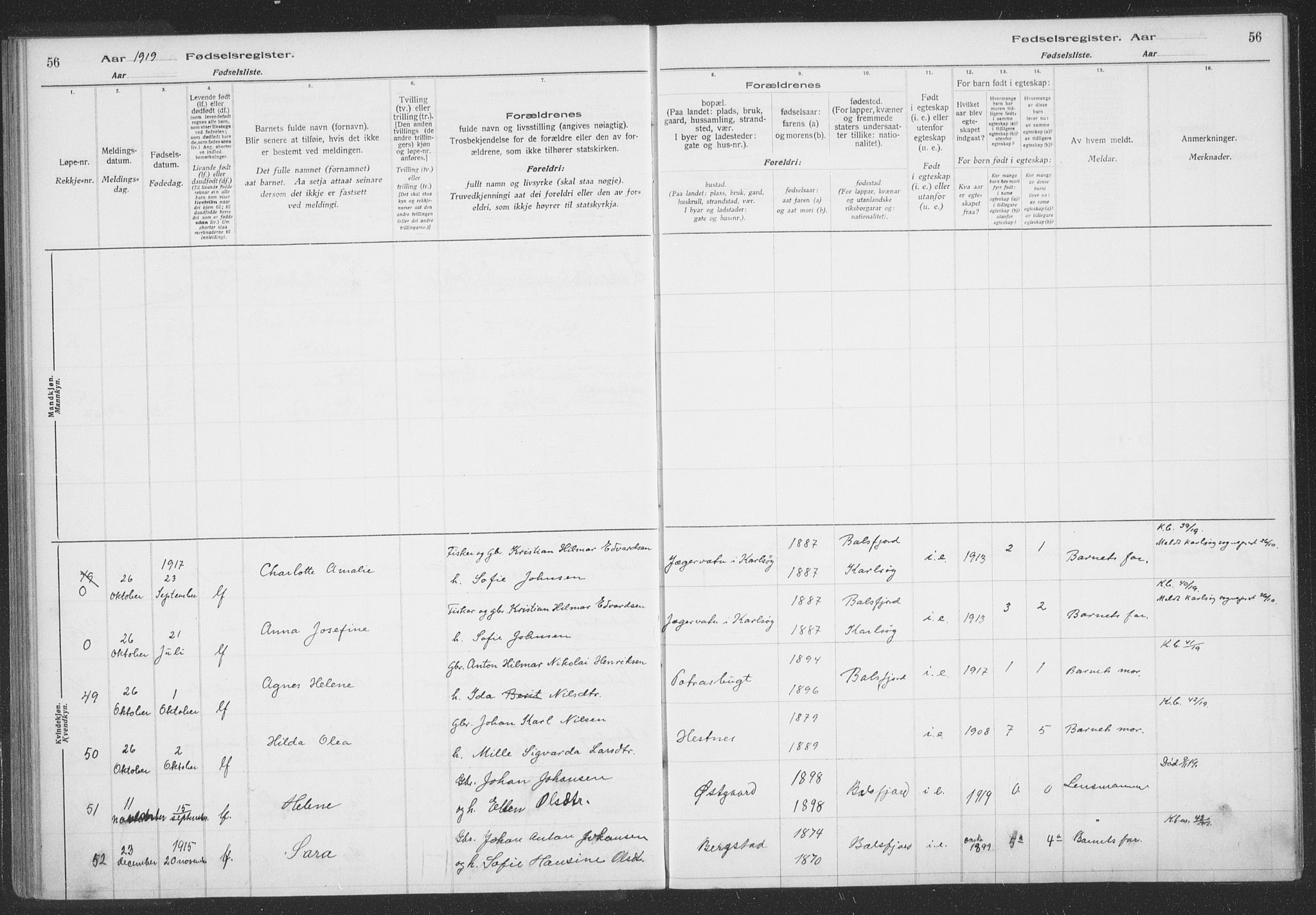 Balsfjord sokneprestembete, AV/SATØ-S-1303/H/Hb/L0059: Birth register no. 59, 1916-1930, p. 56