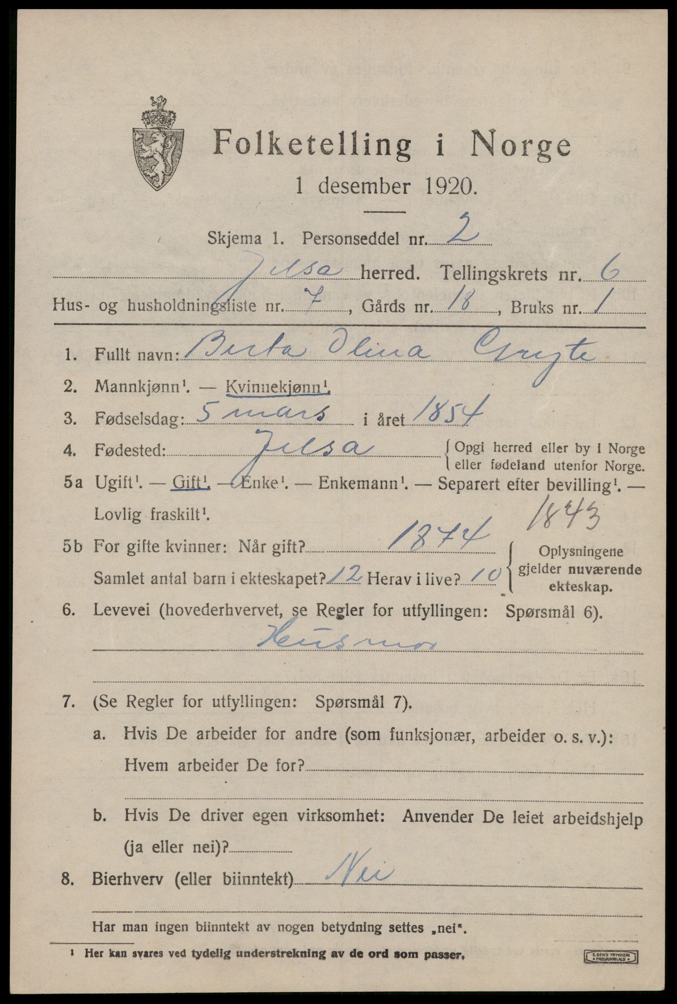 SAST, 1920 census for Jelsa, 1920, p. 1694