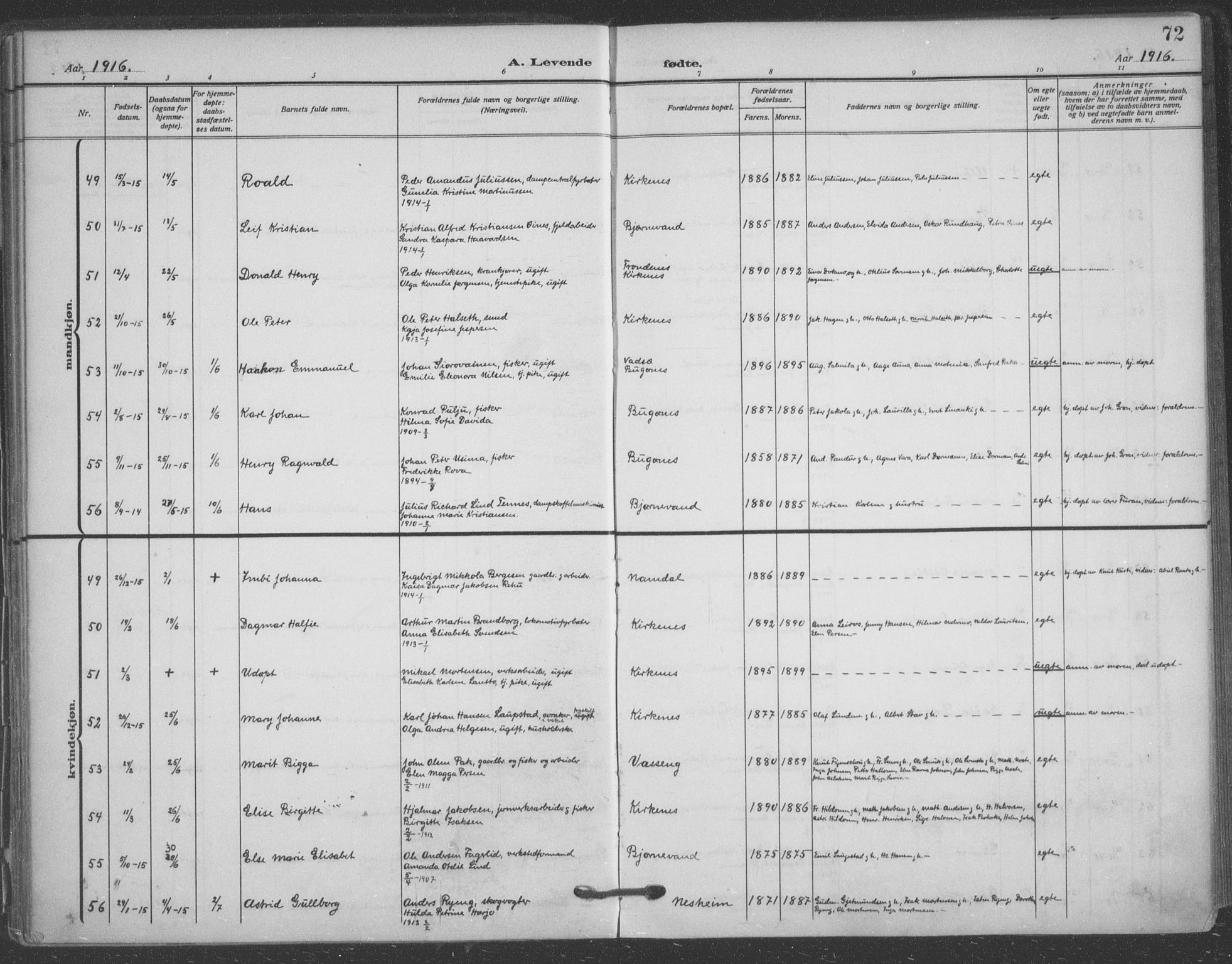 Sør-Varanger sokneprestkontor, AV/SATØ-S-1331/H/Ha/L0005kirke: Parish register (official) no. 5, 1909-1919, p. 72