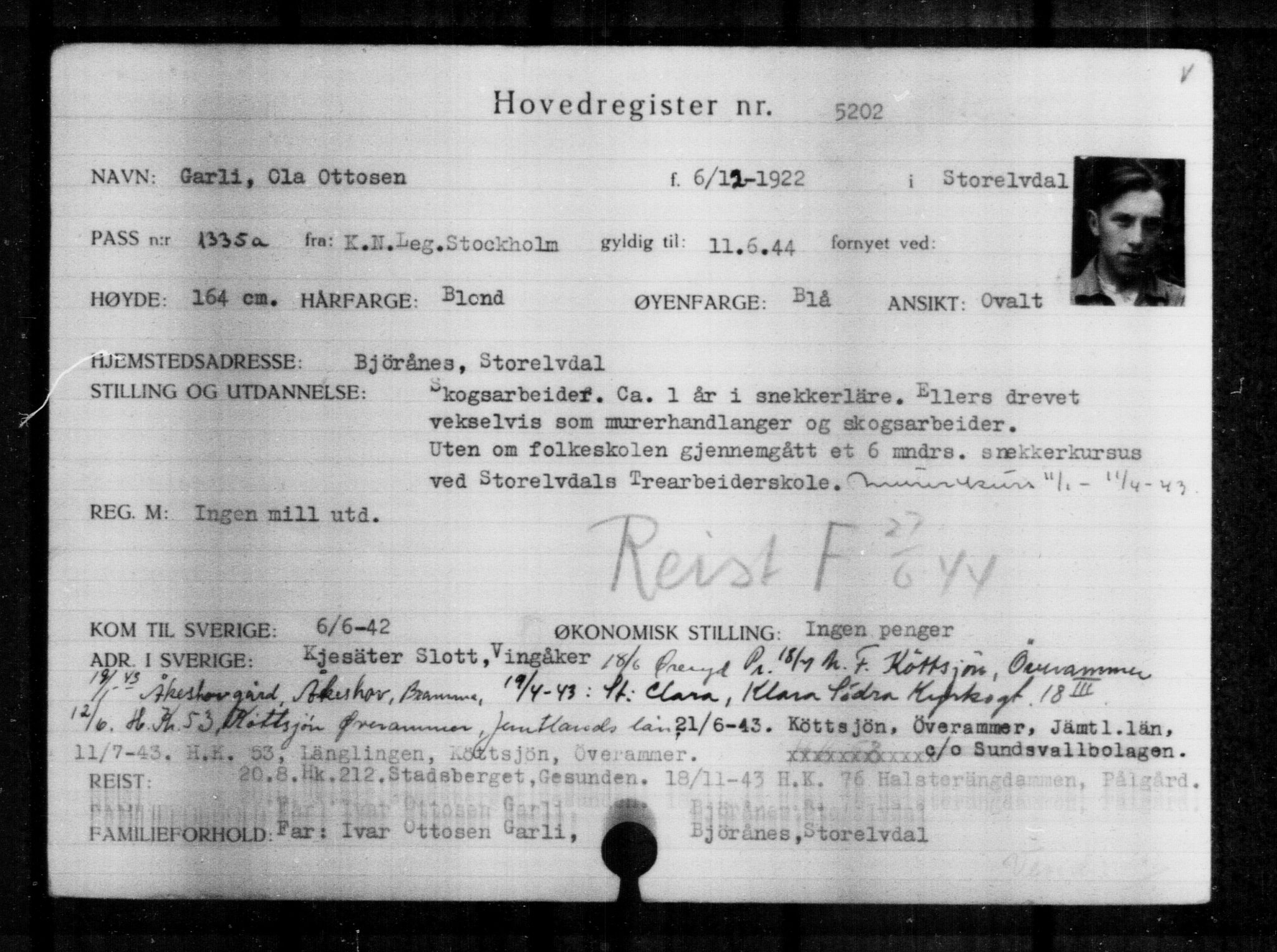 Utenriksstasjonene, Legasjonen i Stockholm, Flyktningkontoret, AV/RA-S-6753/V/Va/L0004: Kjesäterkartoteket, flyktninger med registreringsnr. 3496-6610, 1940-1945, p. 1959