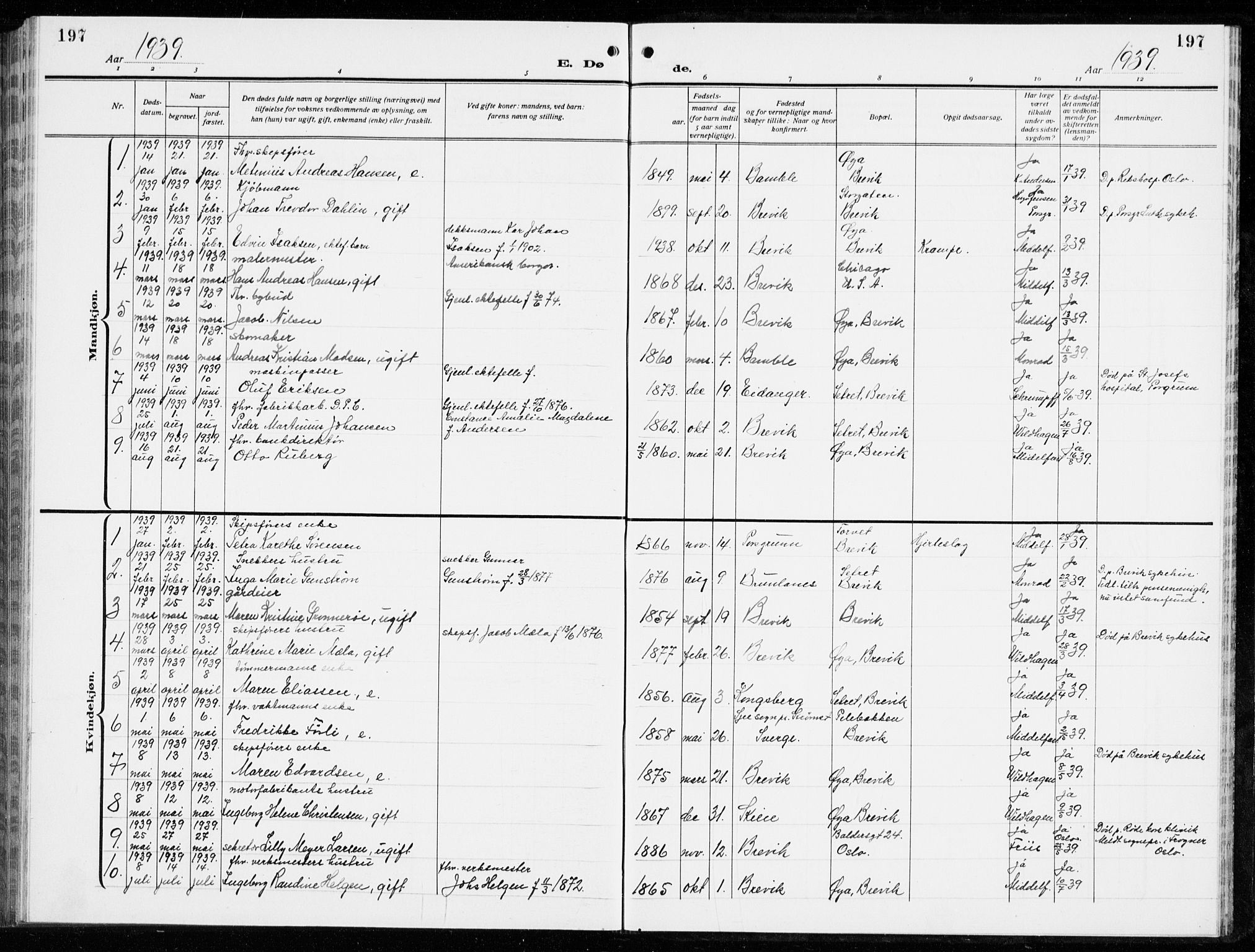 Brevik kirkebøker, SAKO/A-255/G/Ga/L0006: Parish register (copy) no. 6, 1922-1940, p. 197