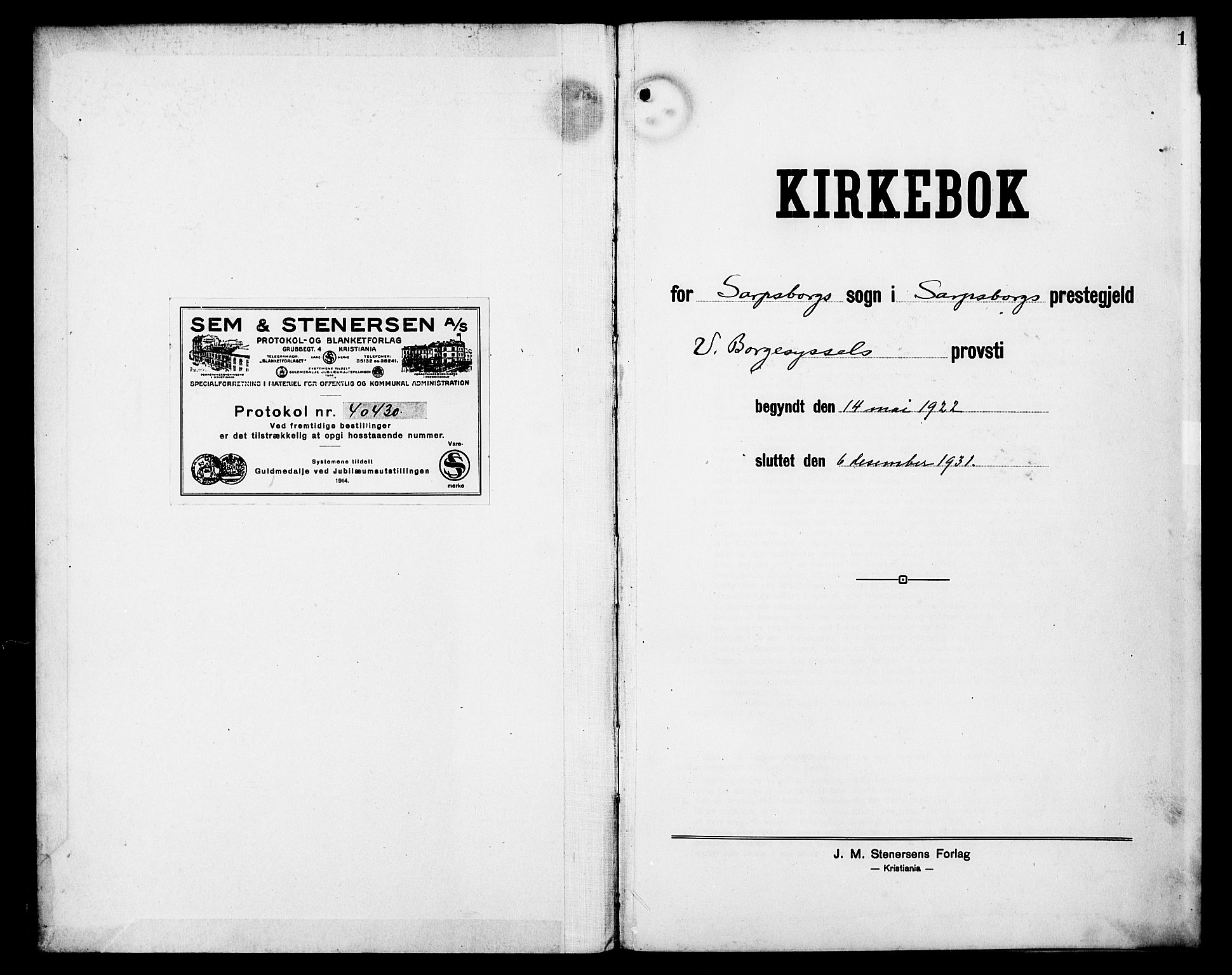 Sarpsborg prestekontor Kirkebøker, SAO/A-2006/G/Ga/L0003: Parish register (copy) no. 3, 1922-1931, p. 1