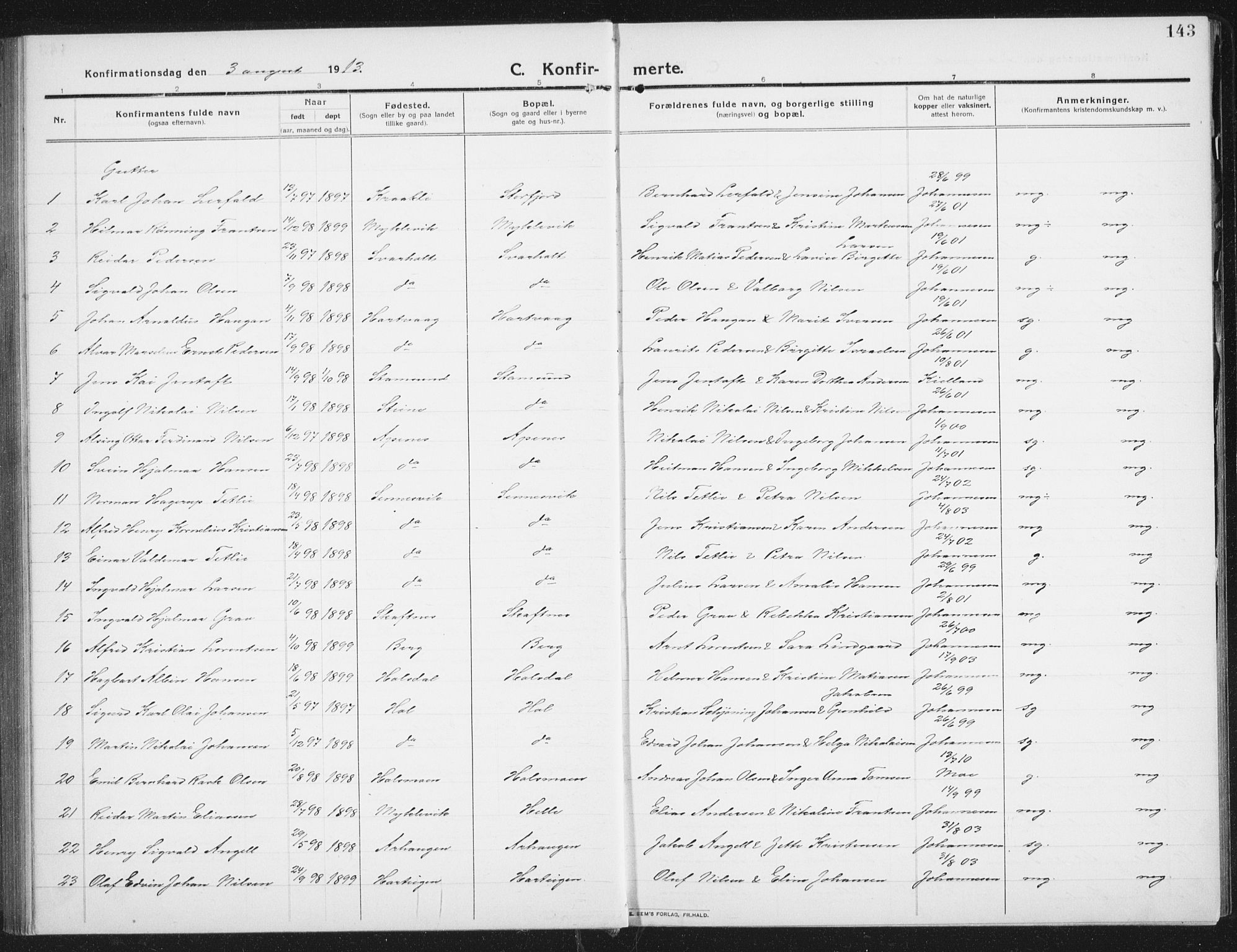 Ministerialprotokoller, klokkerbøker og fødselsregistre - Nordland, AV/SAT-A-1459/882/L1183: Parish register (copy) no. 882C01, 1911-1938, p. 143