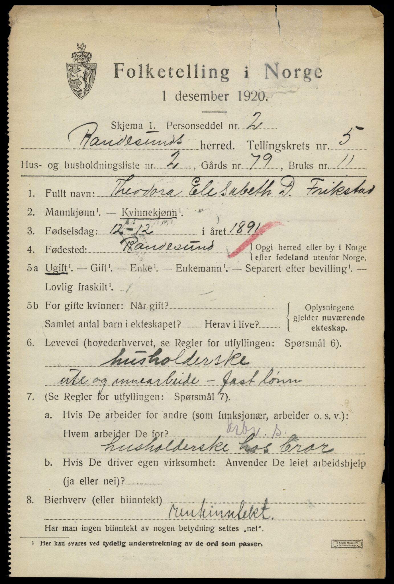 SAK, 1920 census for Randesund, 1920, p. 2328