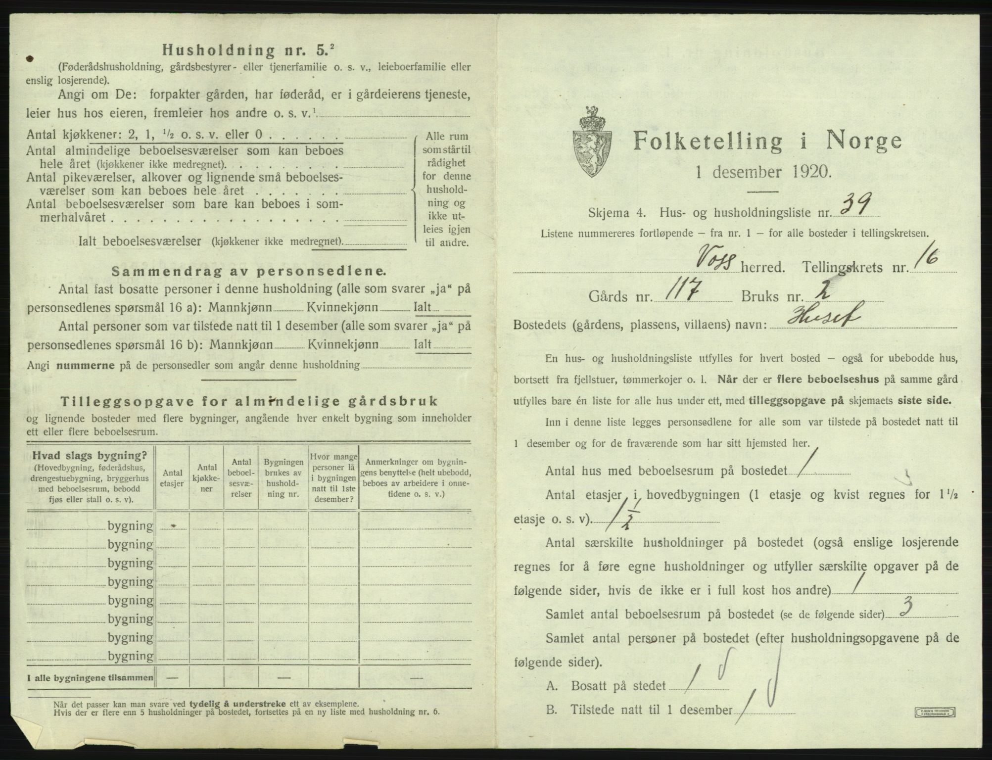 SAB, 1920 census for Voss, 1920, p. 1613