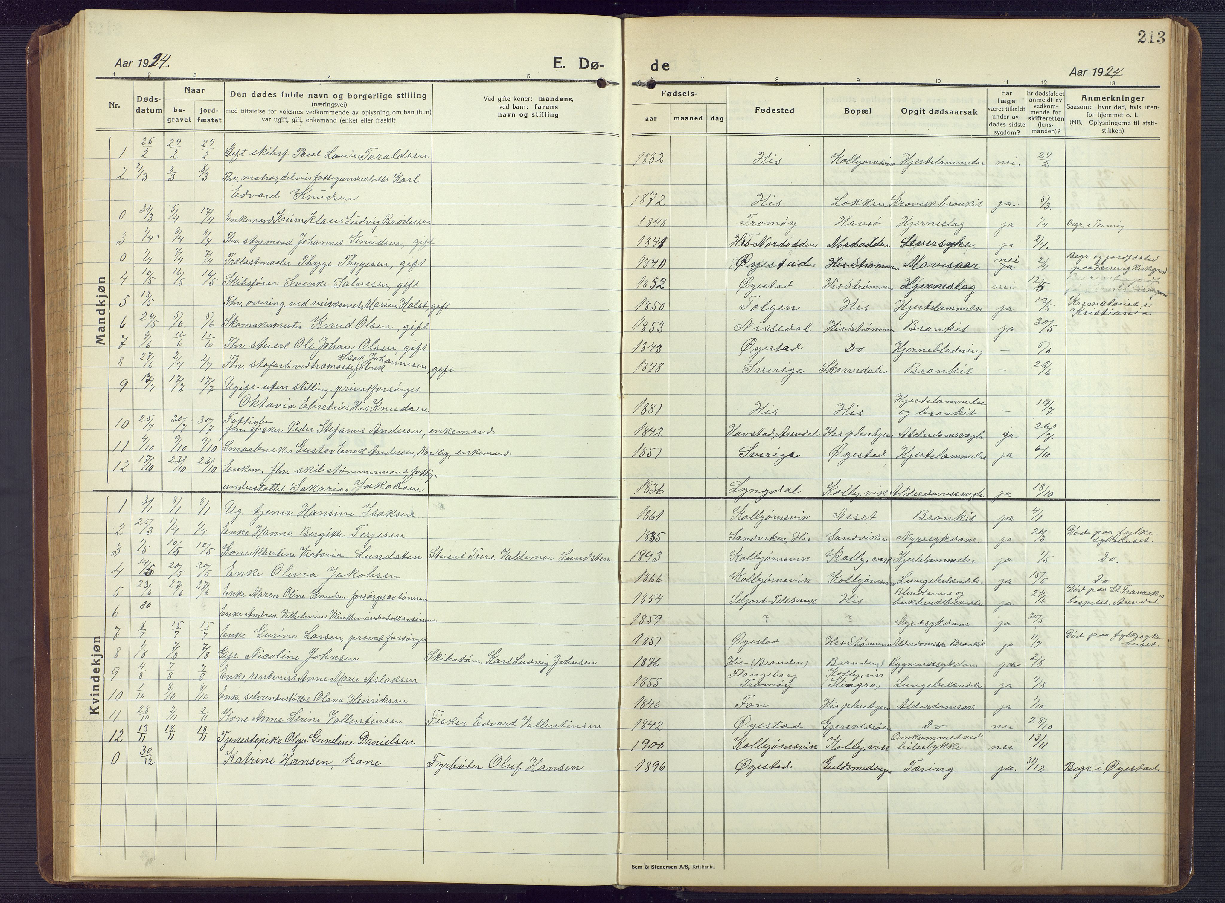 Hisøy sokneprestkontor, AV/SAK-1111-0020/F/Fb/L0005: Parish register (copy) no. B 5, 1924-1946, p. 213