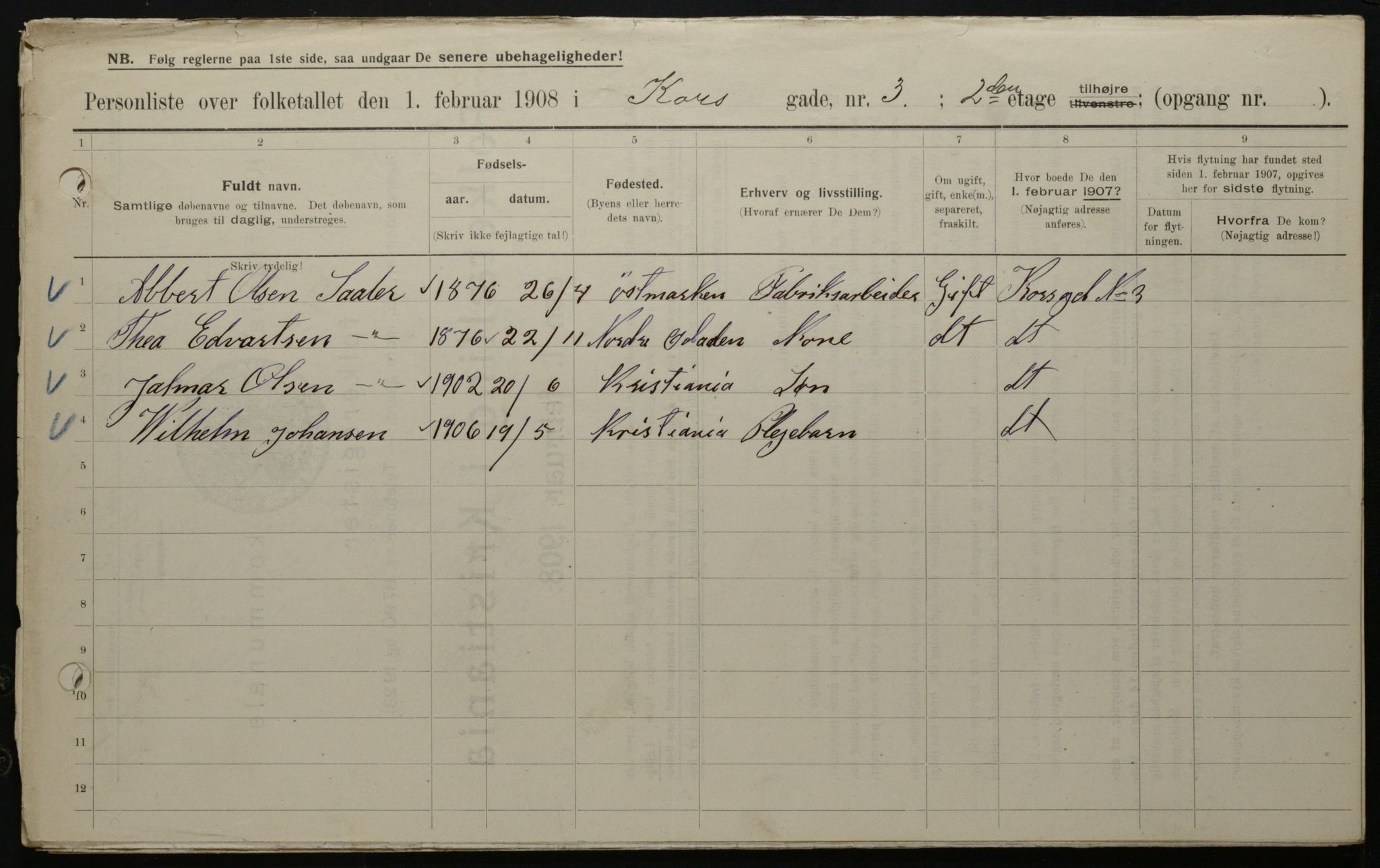 OBA, Municipal Census 1908 for Kristiania, 1908, p. 47857