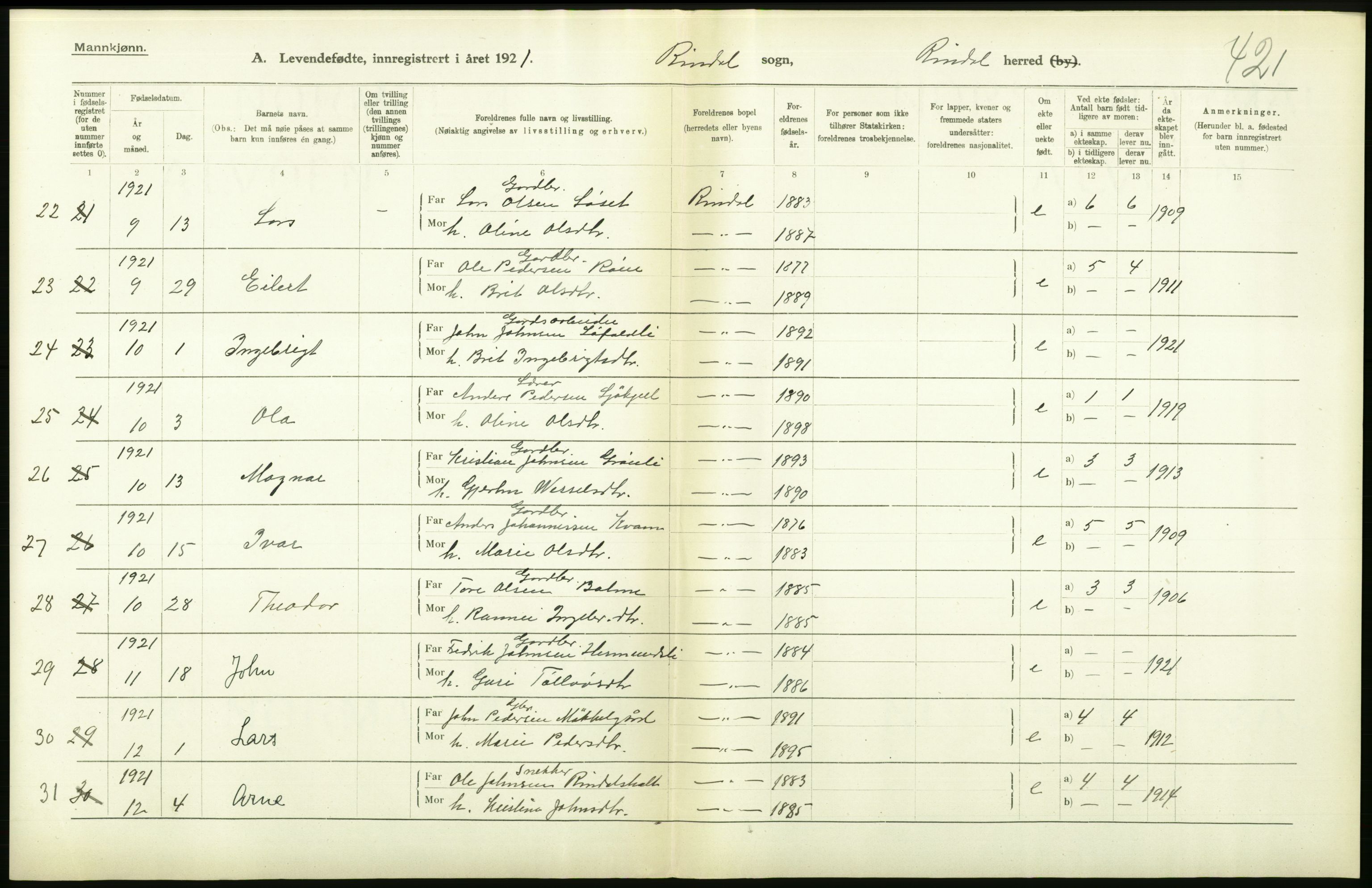 Statistisk sentralbyrå, Sosiodemografiske emner, Befolkning, AV/RA-S-2228/D/Df/Dfc/Dfca/L0040: Møre fylke: Levendefødte menn og kvinner. Bygder., 1921, p. 606