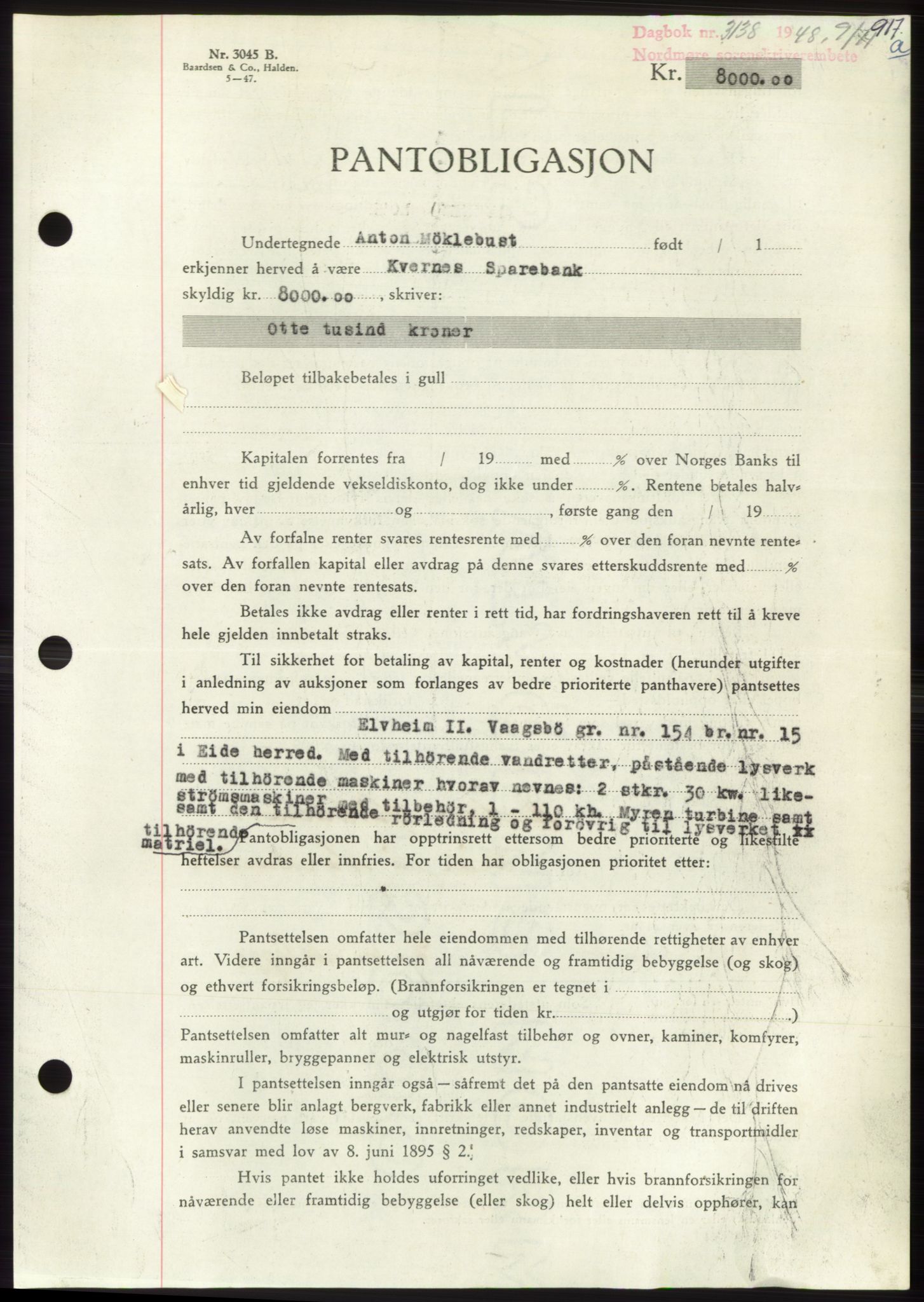 Nordmøre sorenskriveri, AV/SAT-A-4132/1/2/2Ca: Mortgage book no. B99, 1948-1948, Diary no: : 3138/1948