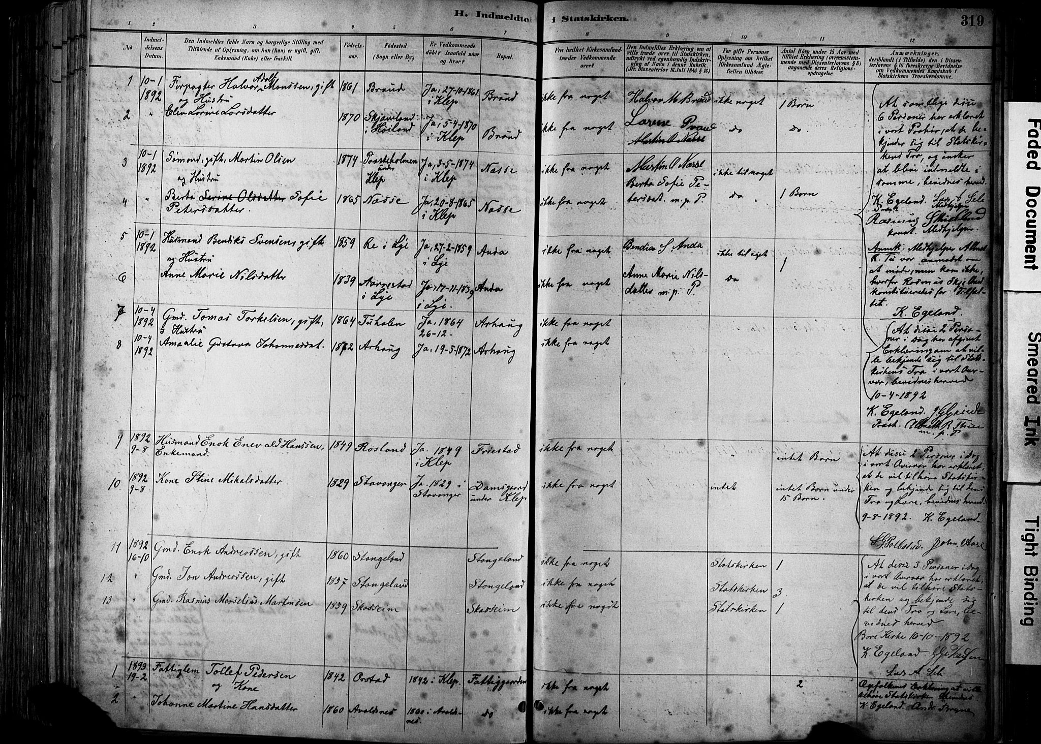 Klepp sokneprestkontor, SAST/A-101803/001/3/30BA/L0009: Parish register (official) no. A 7, 1886-1915, p. 319