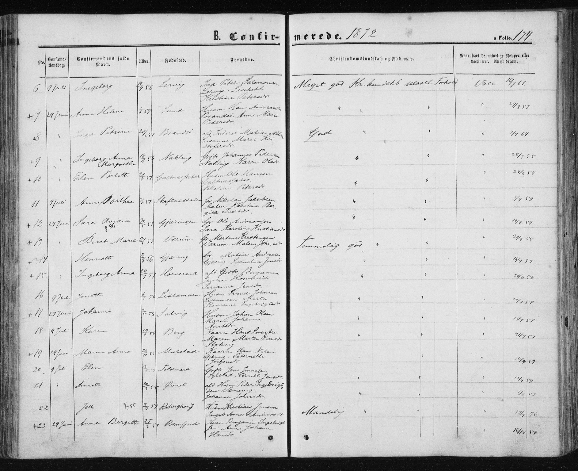 Ministerialprotokoller, klokkerbøker og fødselsregistre - Nord-Trøndelag, AV/SAT-A-1458/780/L0641: Parish register (official) no. 780A06, 1857-1874, p. 174