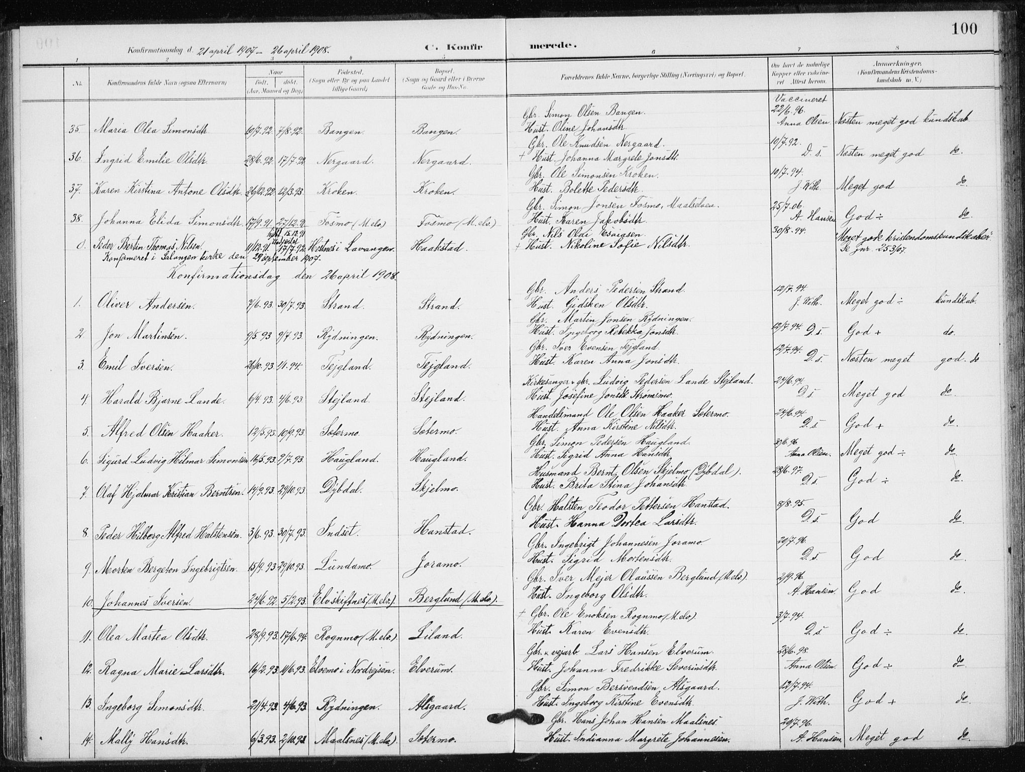 Målselv sokneprestembete, AV/SATØ-S-1311/G/Ga/Gaa/L0013kirke: Parish register (official) no. 13, 1903-1919, p. 100