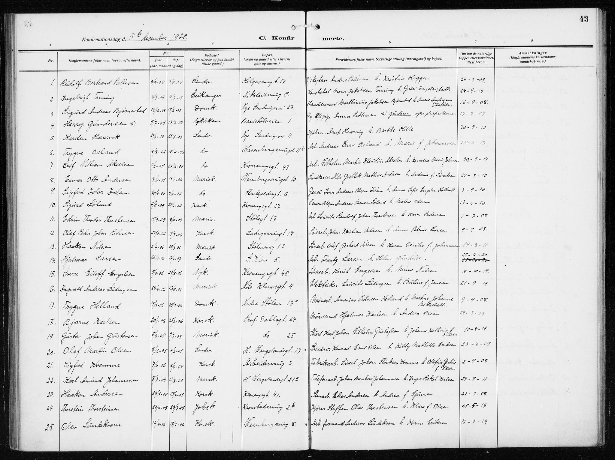 Mariakirken Sokneprestembete, SAB/A-76901/H/Haa/L0015: Parish register (official) no. C 3, 1913-1927, p. 43