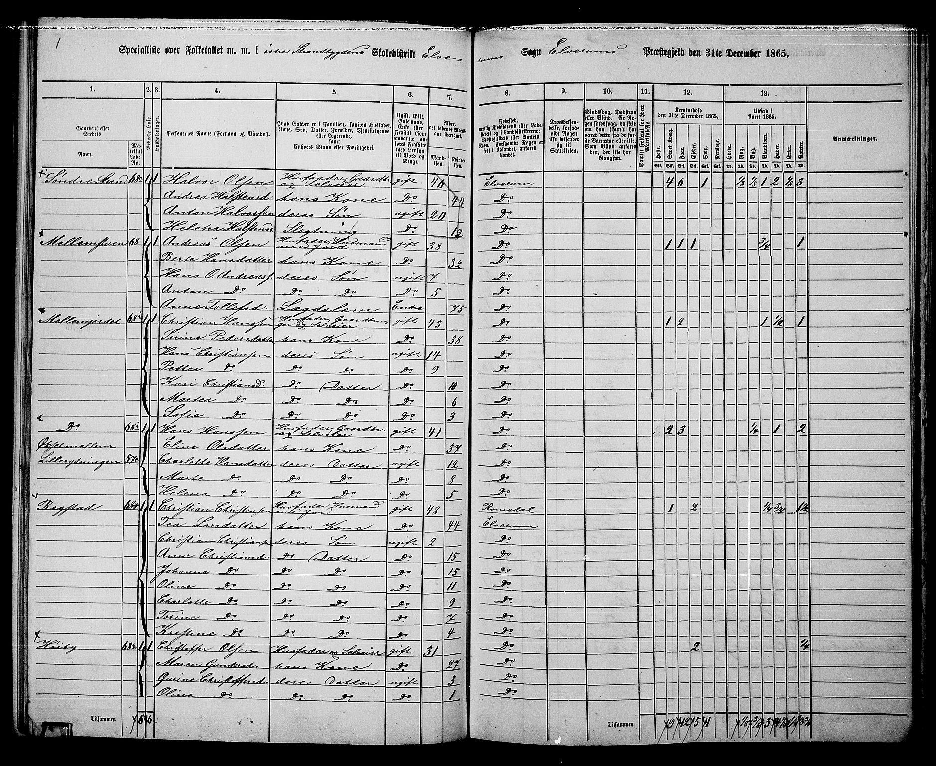 RA, 1865 census for Elverum, 1865, p. 150