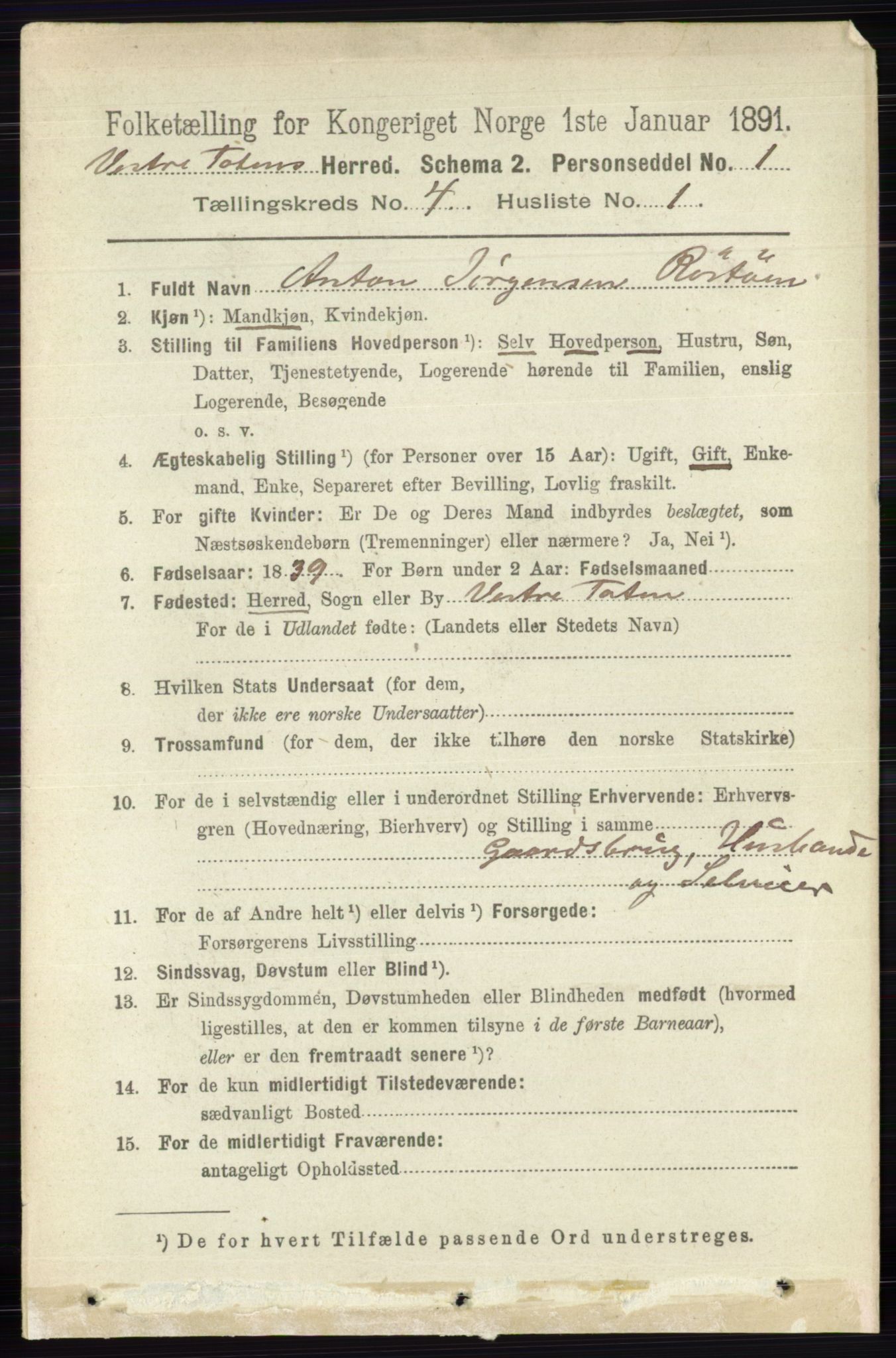 RA, 1891 census for 0529 Vestre Toten, 1891, p. 2703