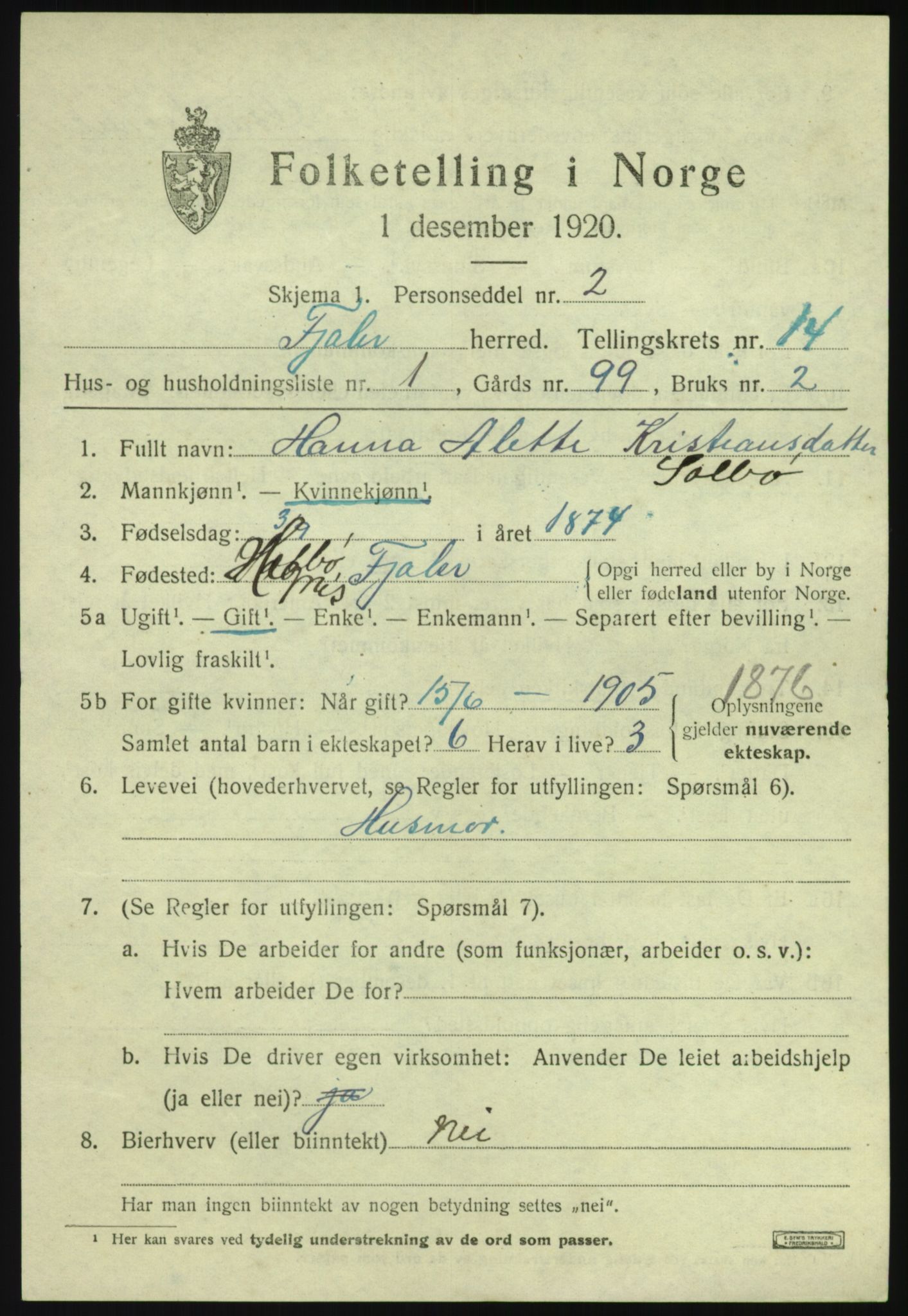 SAB, 1920 census for Fjaler, 1920, p. 7819