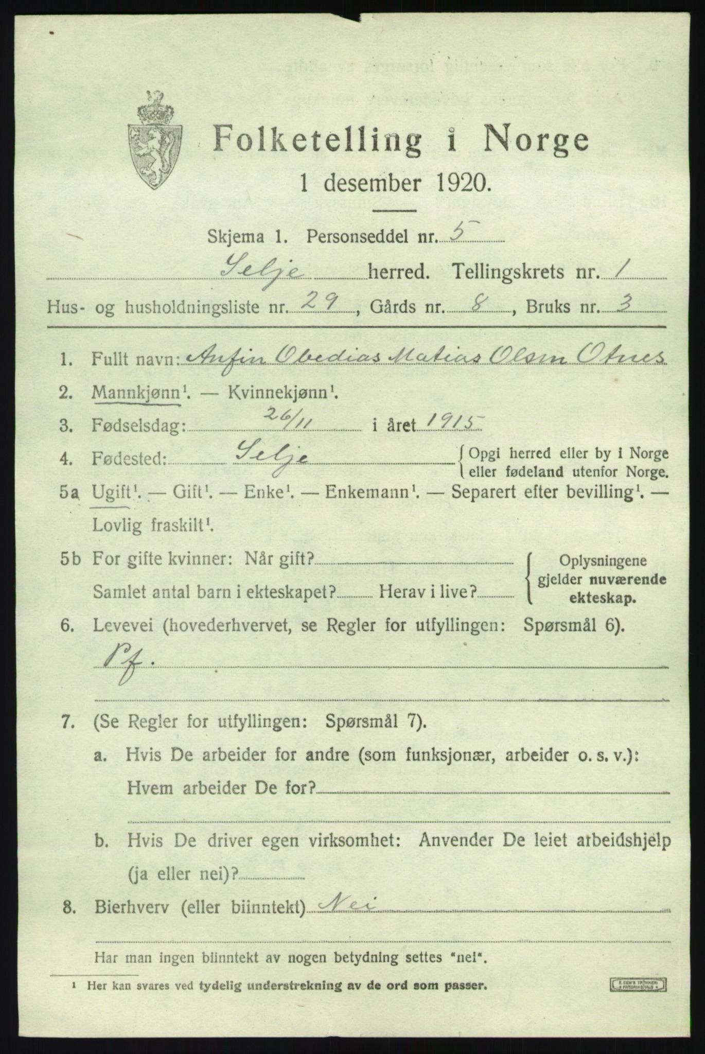 SAB, 1920 census for Selje, 1920, p. 1529