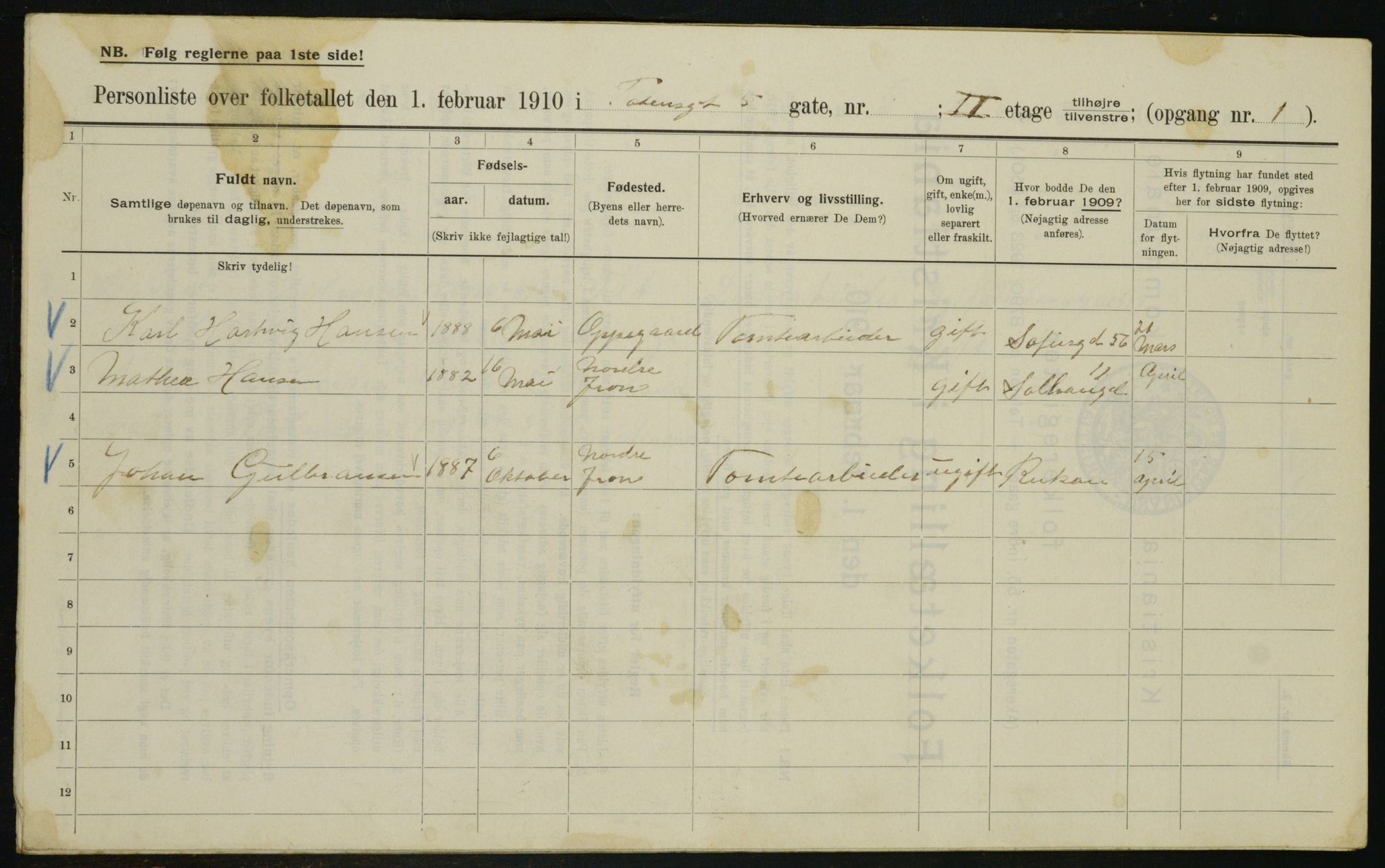 OBA, Municipal Census 1910 for Kristiania, 1910, p. 109562