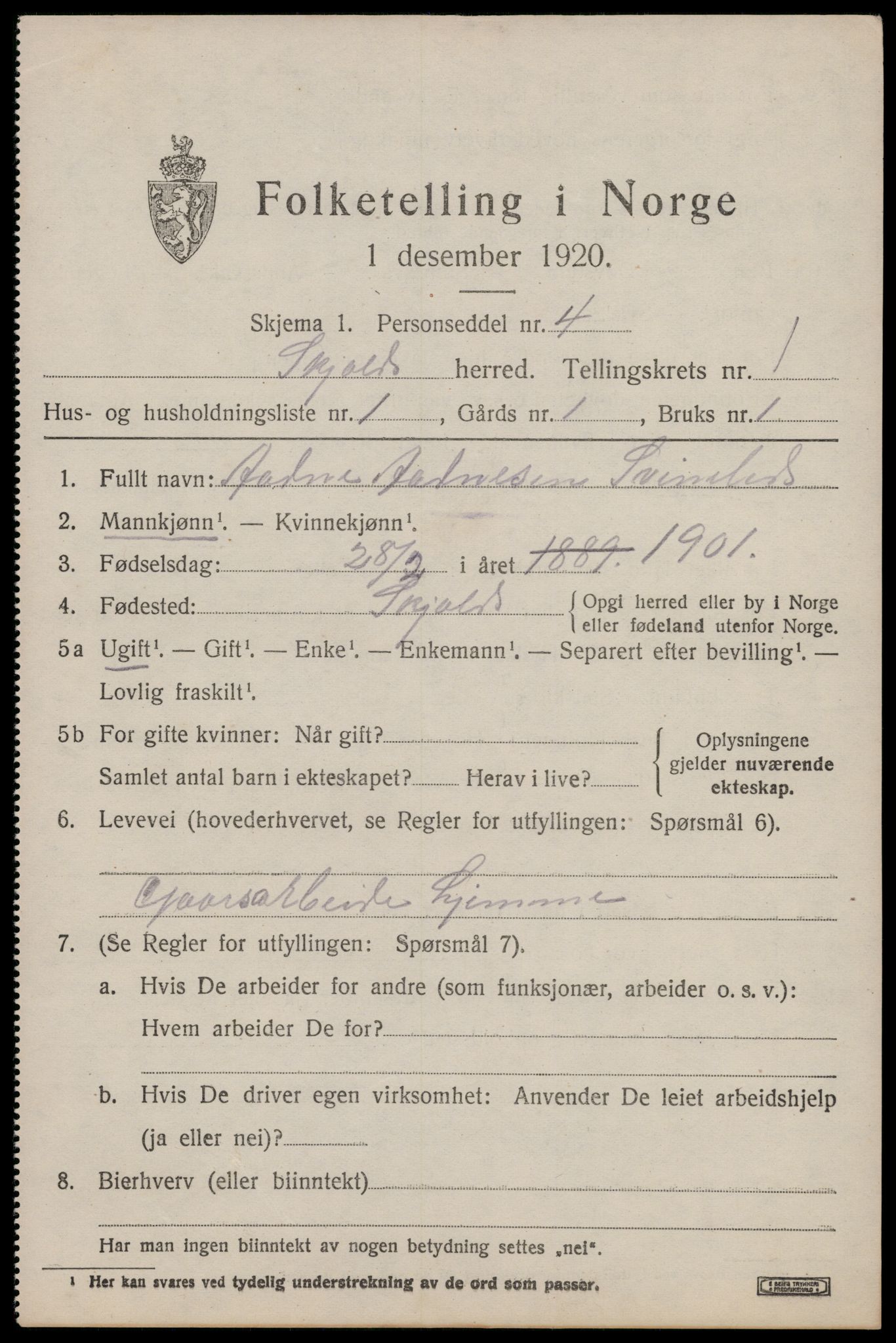 SAST, 1920 census for Skjold, 1920, p. 912