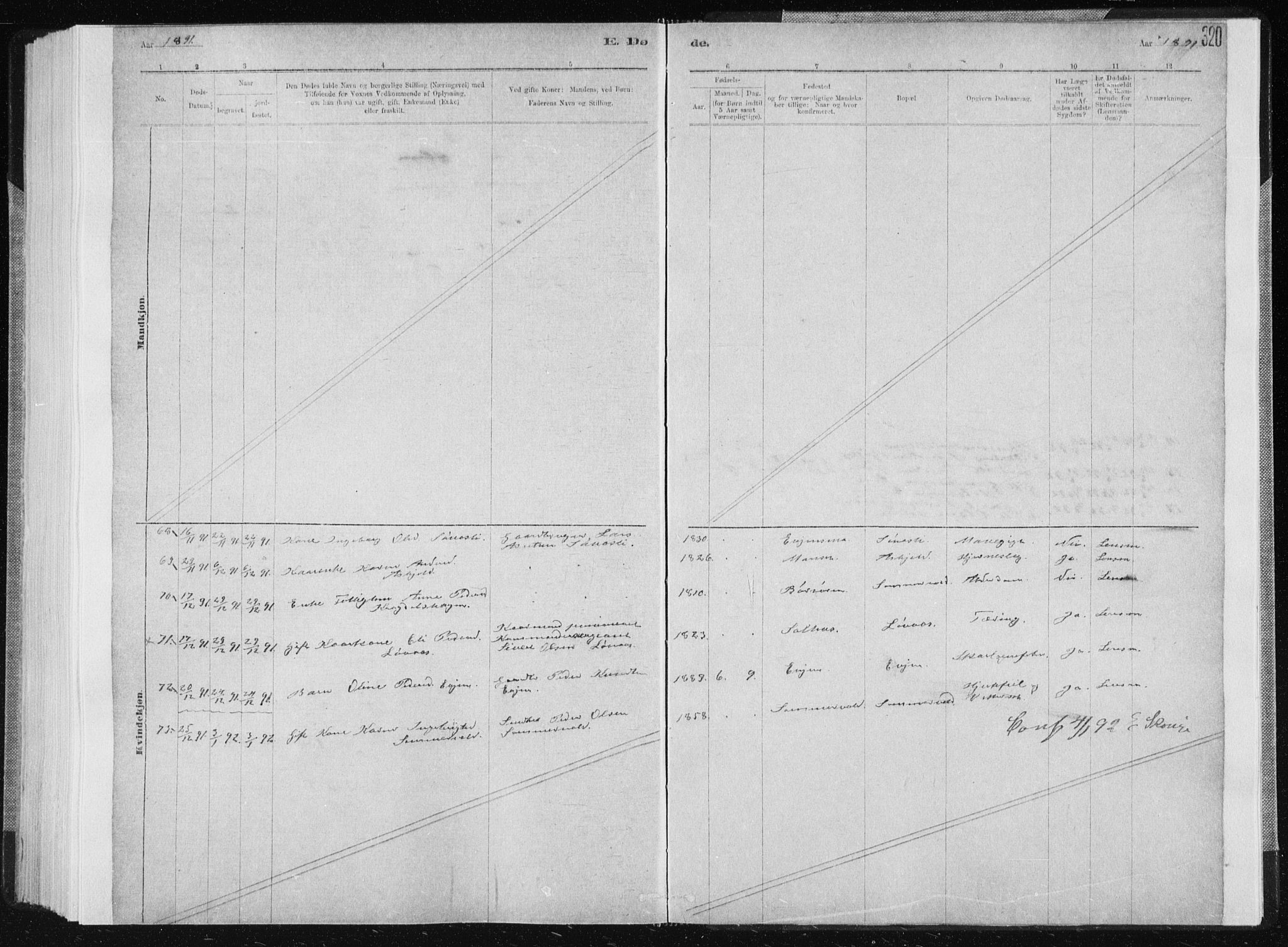 Ministerialprotokoller, klokkerbøker og fødselsregistre - Sør-Trøndelag, SAT/A-1456/668/L0818: Parish register (copy) no. 668C07, 1885-1898, p. 320