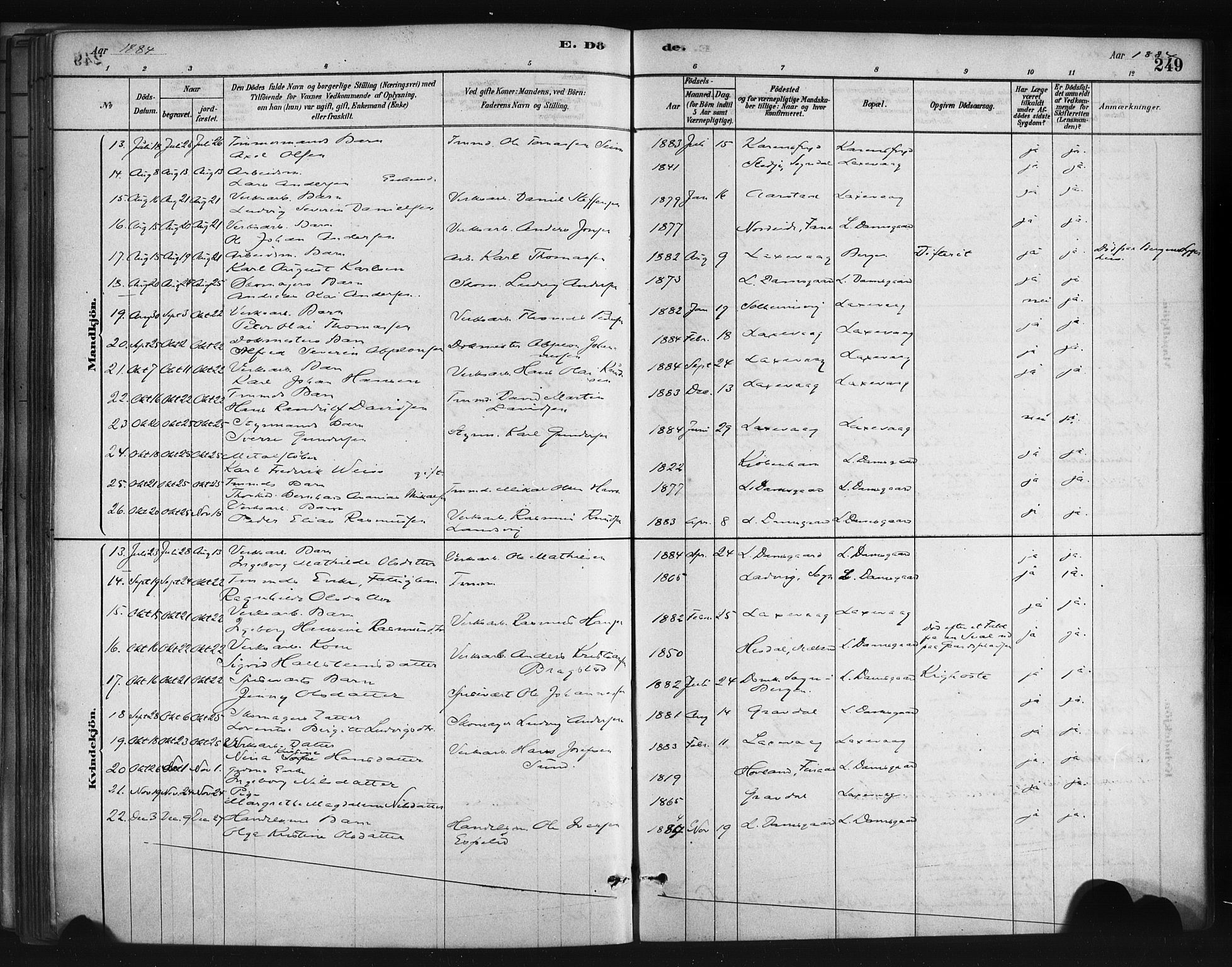 Askøy Sokneprestembete, SAB/A-74101/H/Ha/Haa/Haae/L0002: Parish register (official) no. E 2, 1878-1891, p. 249