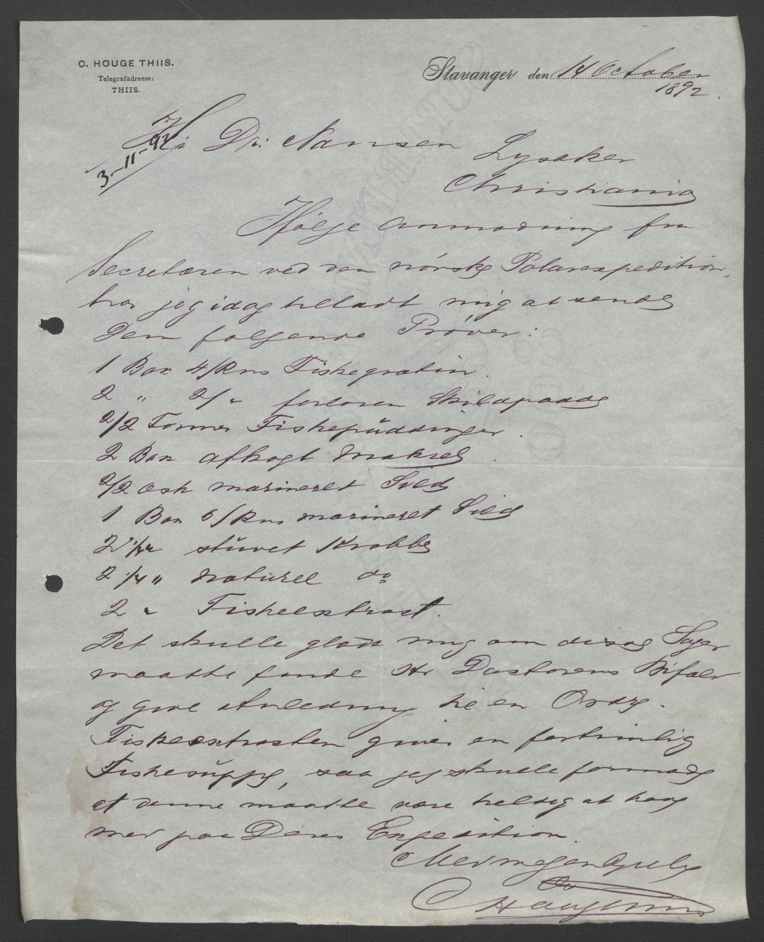 Arbeidskomitéen for Fridtjof Nansens polarekspedisjon, RA/PA-0061/D/L0004: Innk. brev og telegrammer vedr. proviant og utrustning, 1892-1893, p. 329