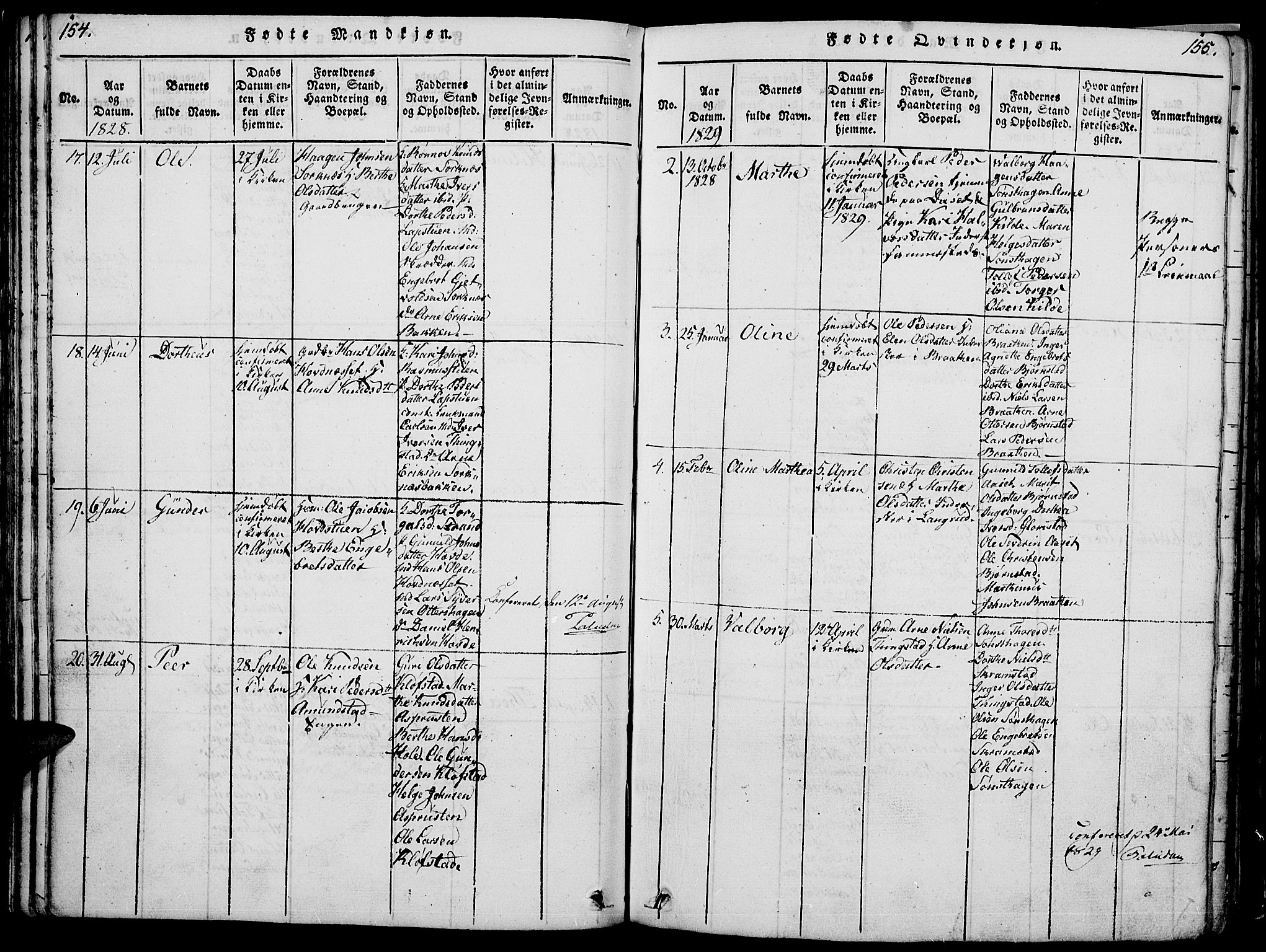 Åmot prestekontor, Hedmark, AV/SAH-PREST-056/H/Ha/Hab/L0001: Parish register (copy) no. 1, 1815-1847, p. 154-155