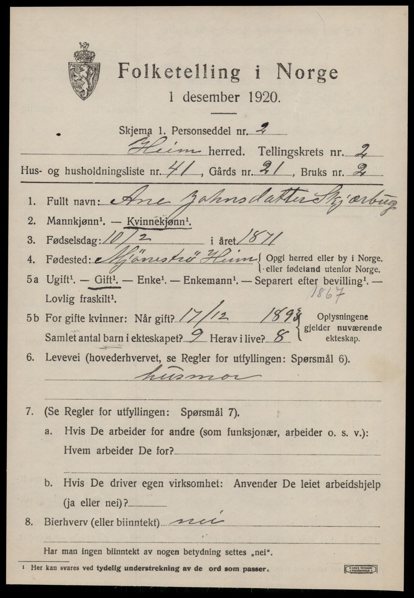 SAT, 1920 census for Heim, 1920, p. 1895