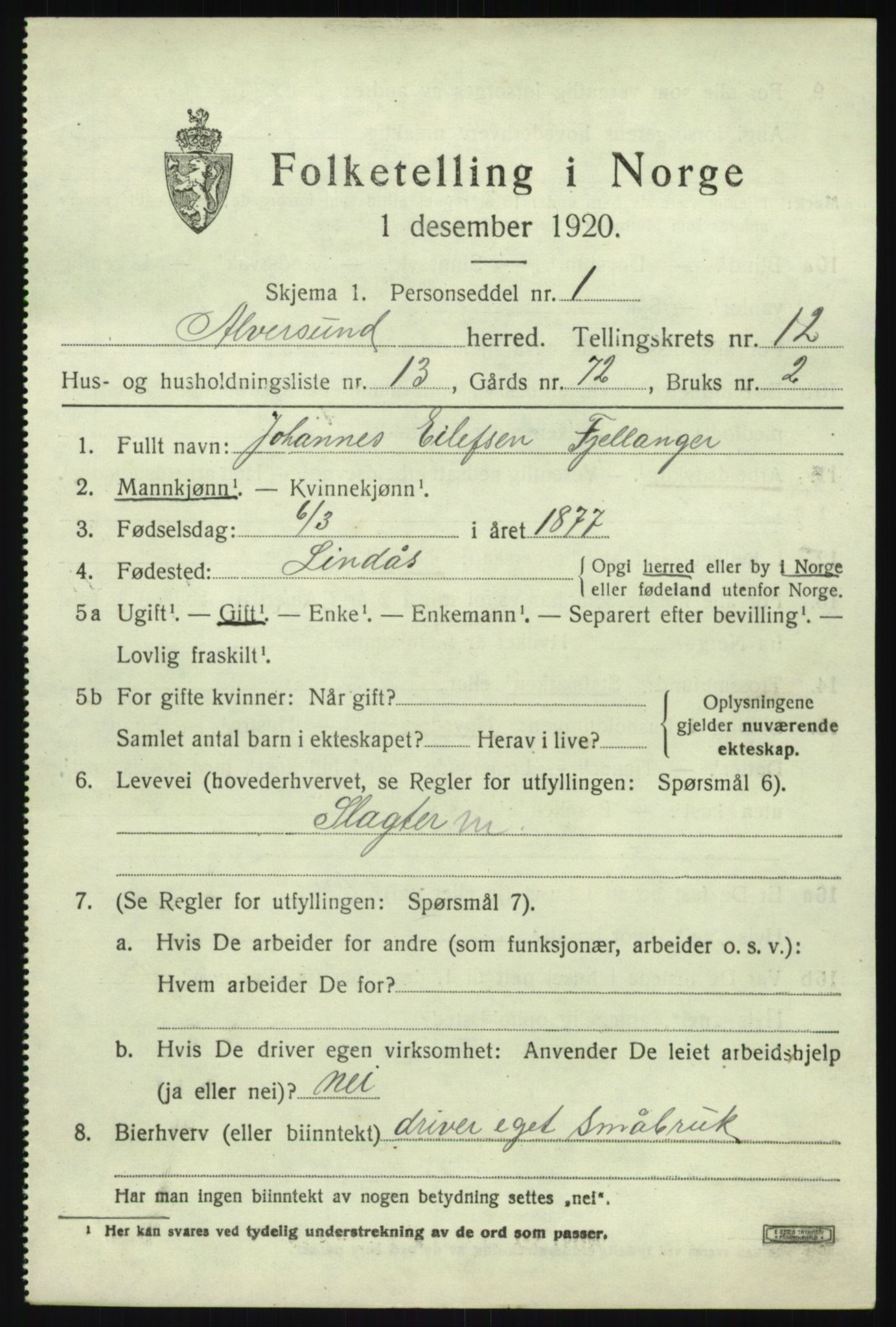 SAB, 1920 census for Alversund, 1920, p. 7142