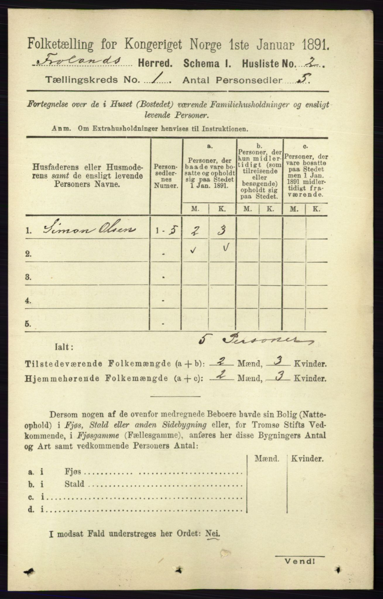 RA, 1891 census for 0919 Froland, 1891, p. 21